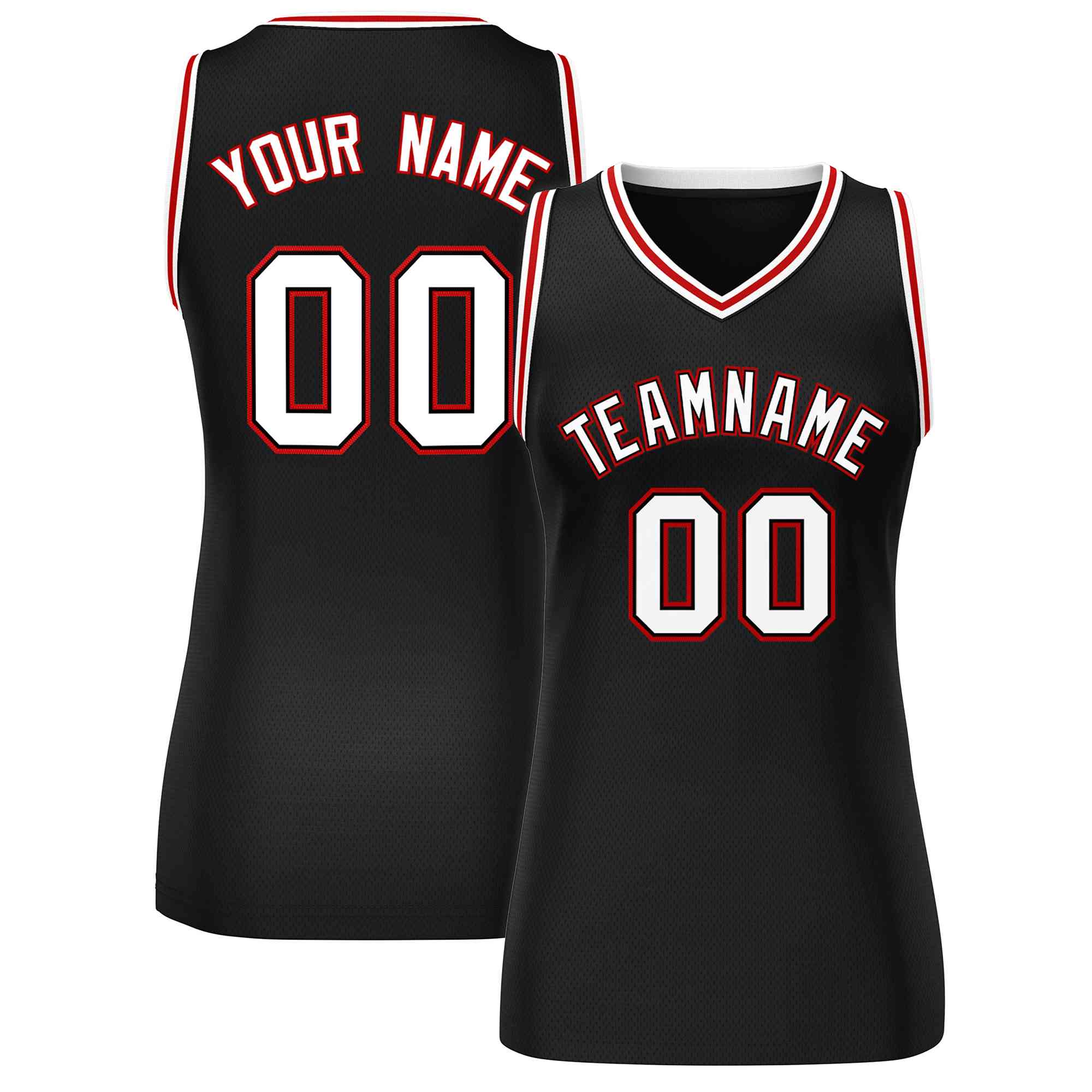 Maillot de basket-ball en maille personnalisé noir blanc-rouge, hauts classiques pour femmes