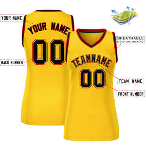 Maillot de basket-ball en maille personnalisé jaune noir-rouge, hauts classiques pour femmes