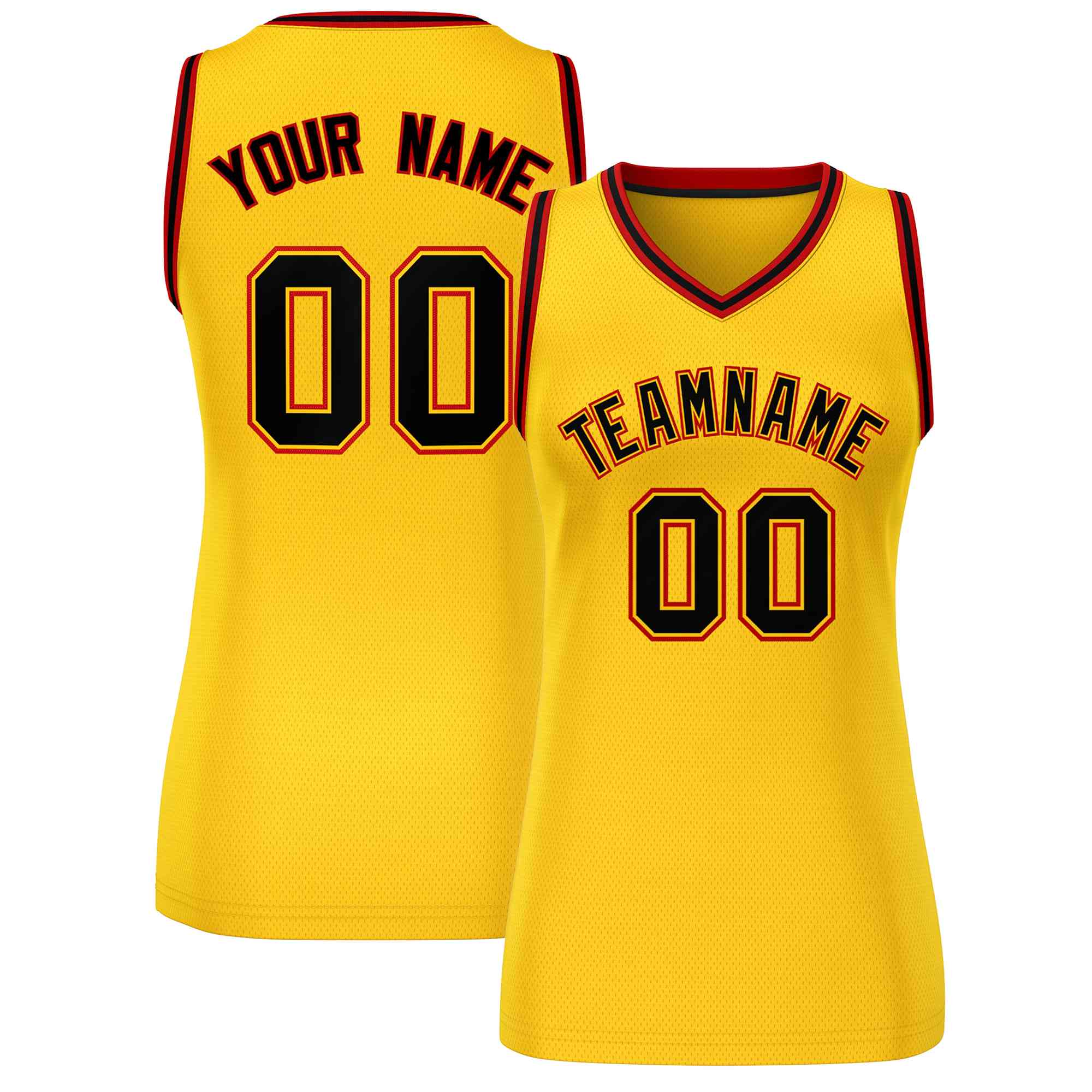 Maillot de basket-ball en maille personnalisé jaune noir-rouge, hauts classiques pour femmes