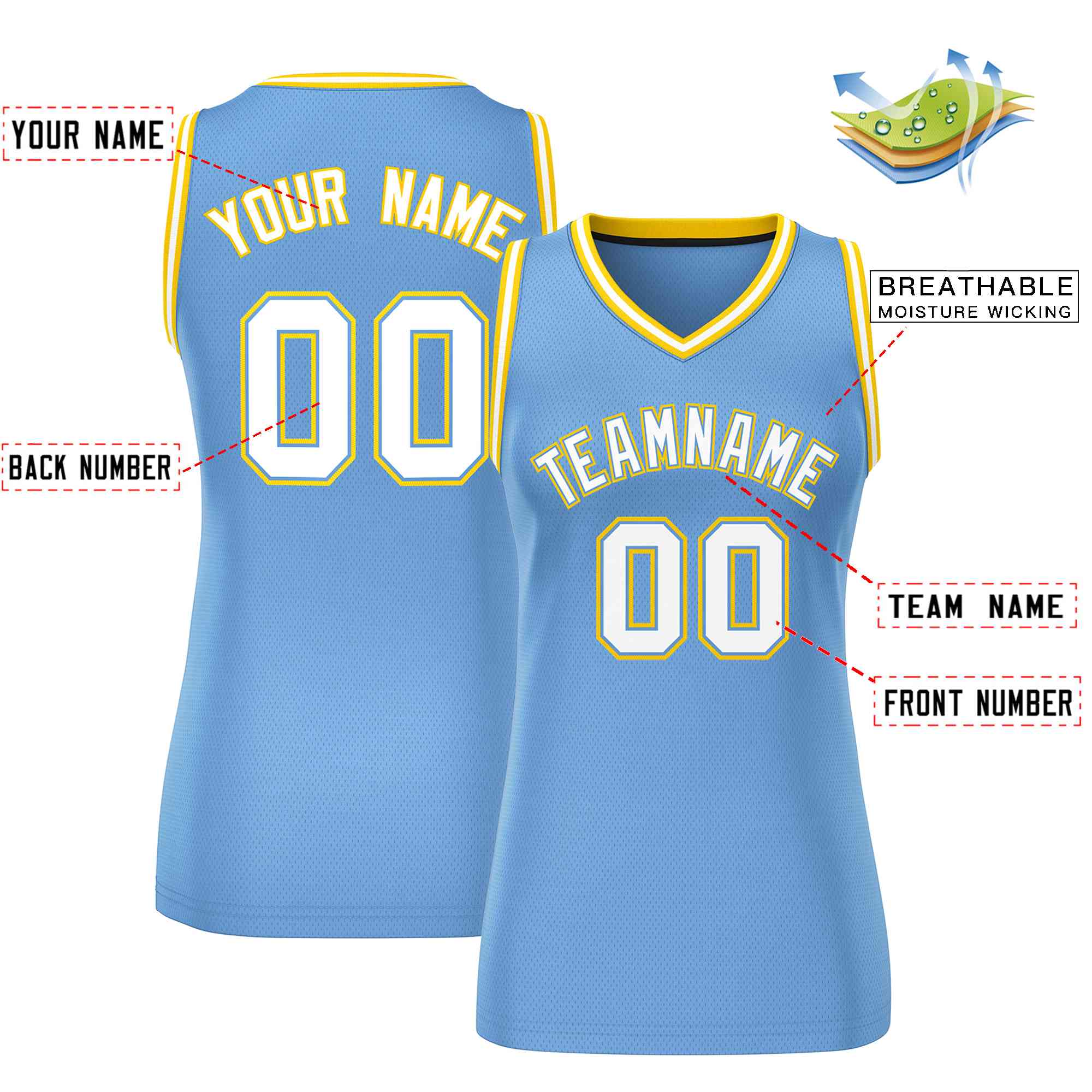 Custom Light Blue White-Gold Classic Tops Mesh Basketball Jersey for Women