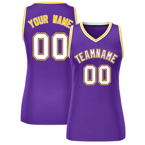 Maillot de basket-ball en maille personnalisé violet blanc-or, hauts classiques pour femmes