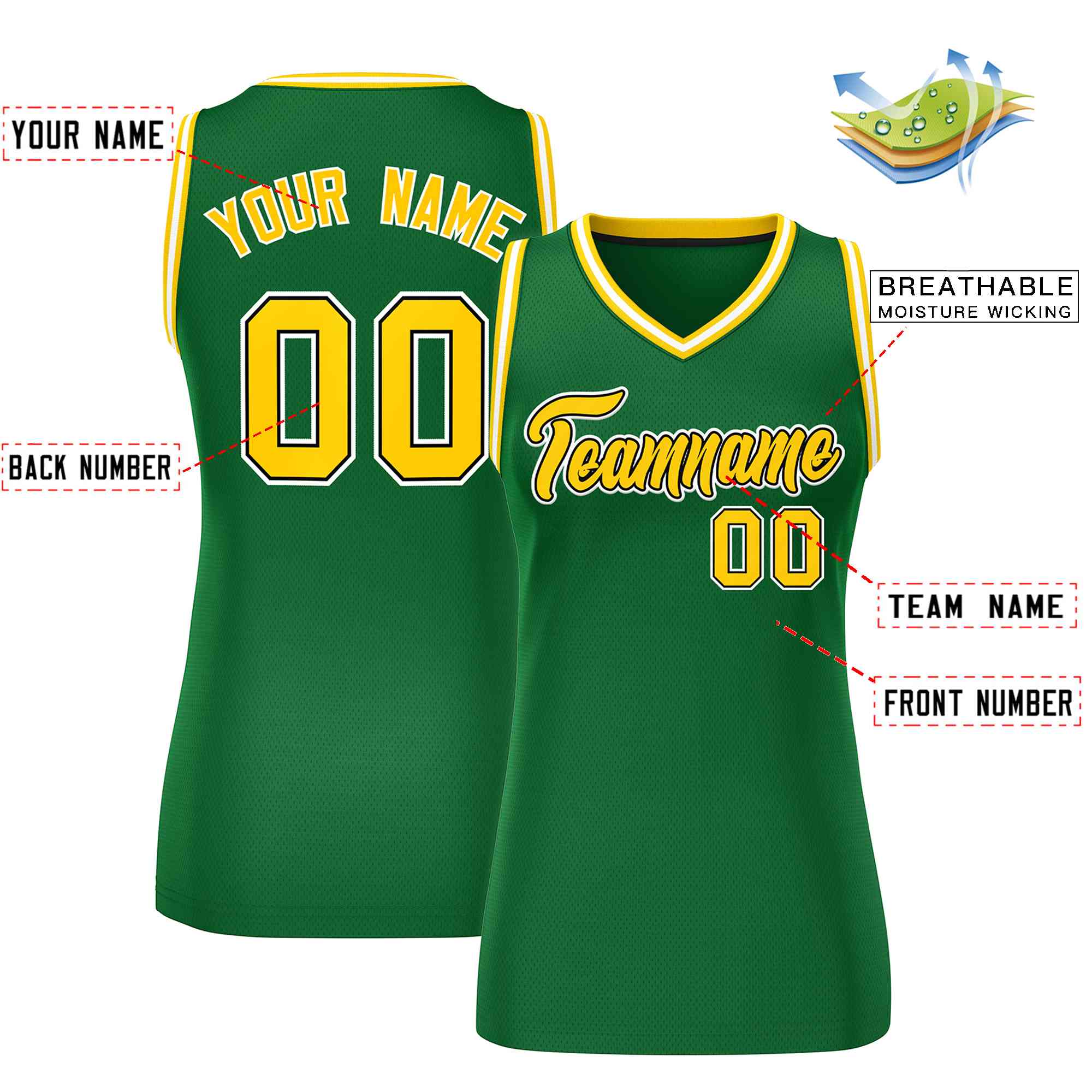 Maillot de basket-ball en maille personnalisé vert or-blanc classique pour femmes