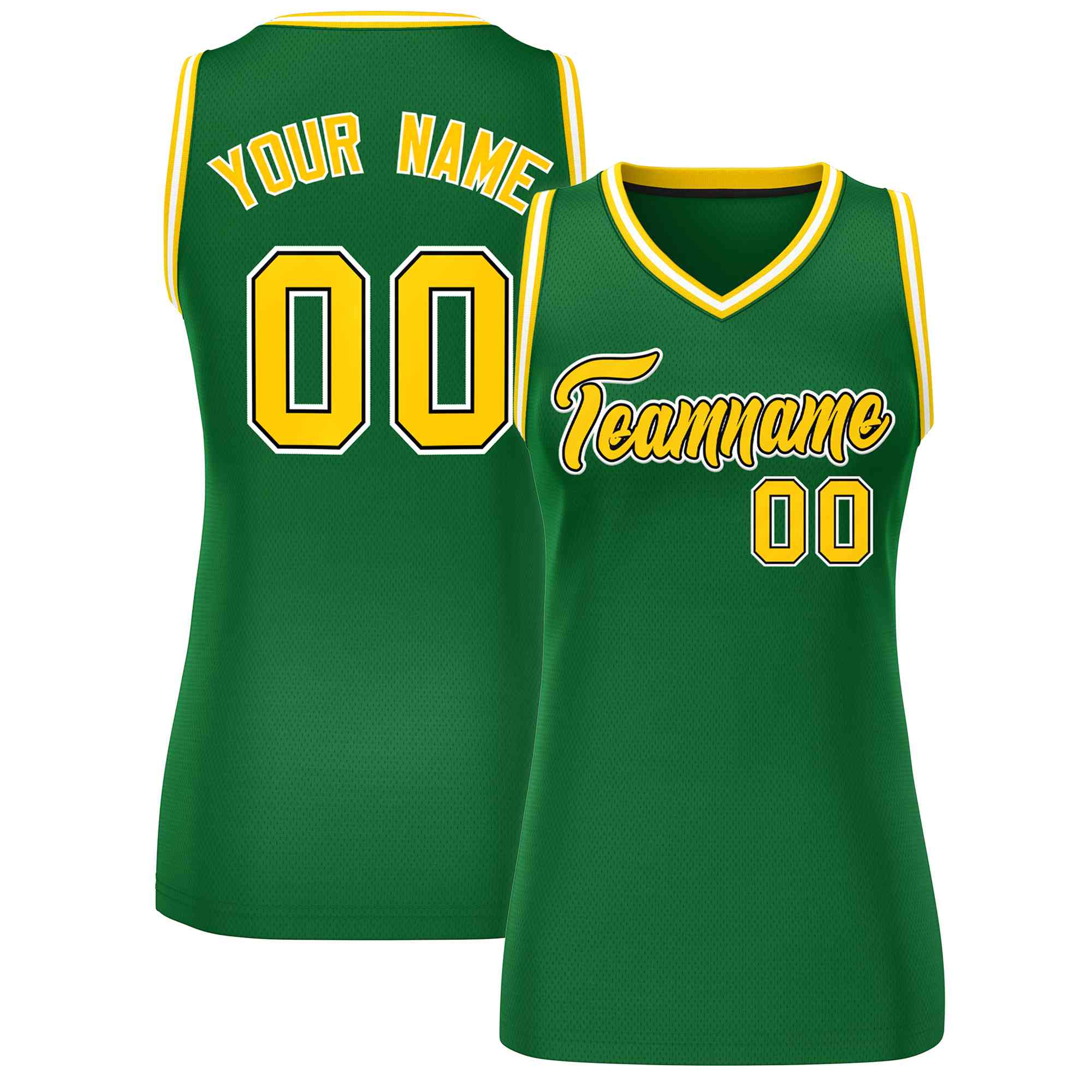 Custom Green Gold-White Classic Tops Mesh Basketball Jersey for Women