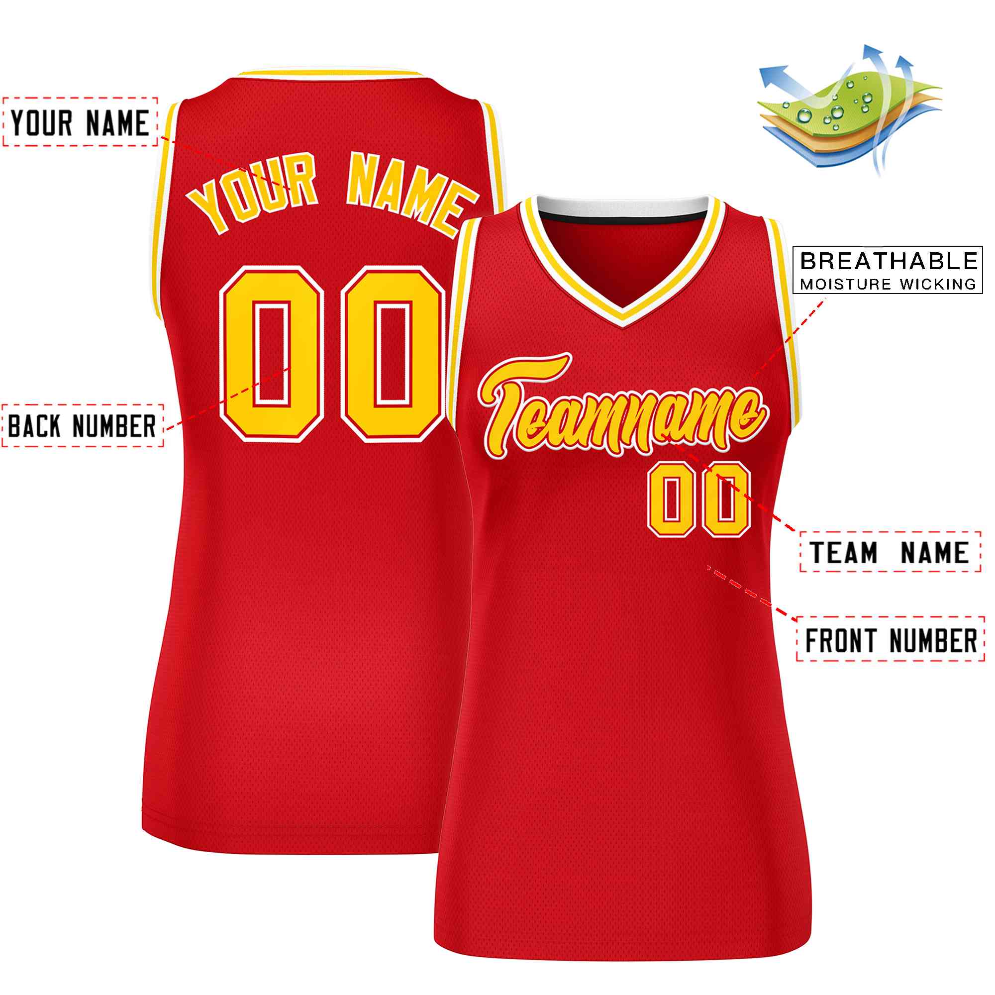 Maillot de basket-ball en maille personnalisé, haut classique rouge or-blanc pour femmes