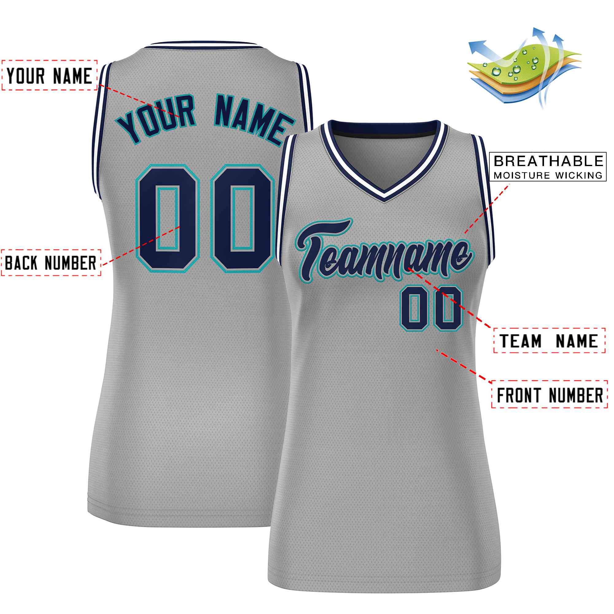 Maillot de basket-ball en maille gris marine-Aqua, personnalisé, classique, pour femmes