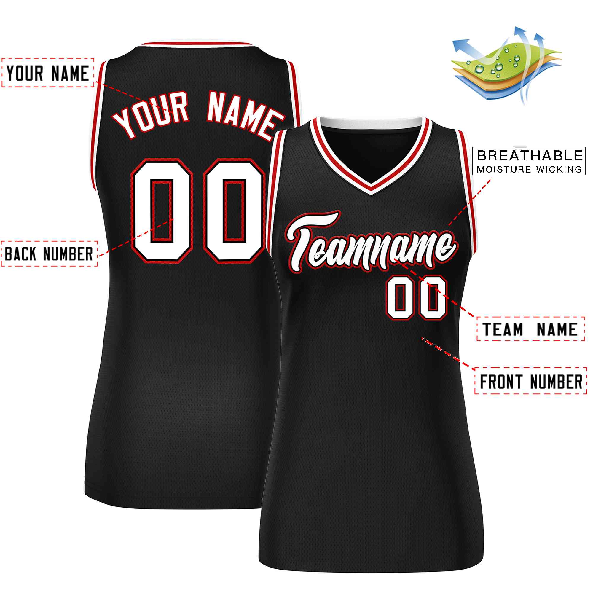 Custom Black White-Red Classic Tops Mesh Basketball Jersey for Women