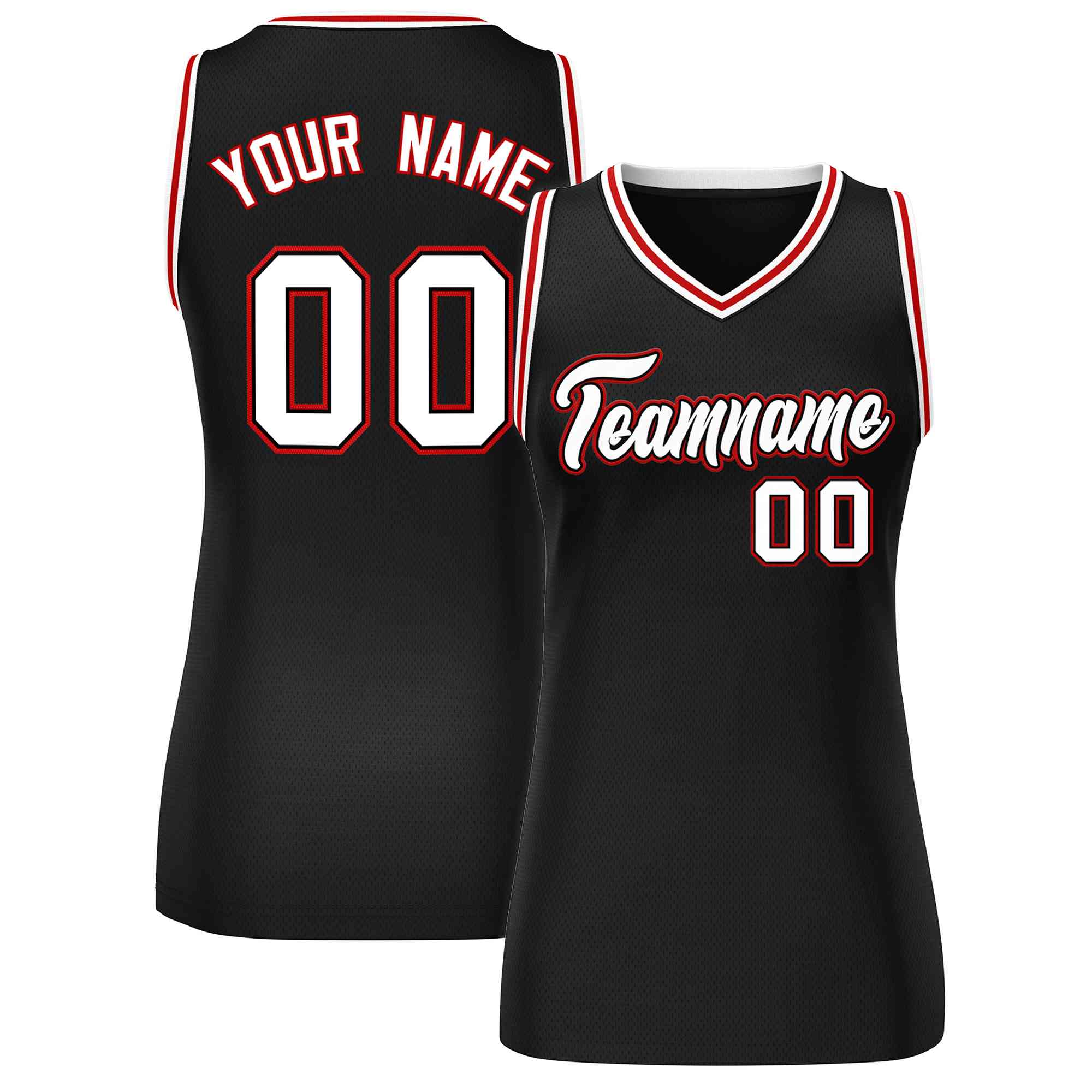 Maillot de basket-ball en maille personnalisé noir blanc-rouge, hauts classiques pour femmes