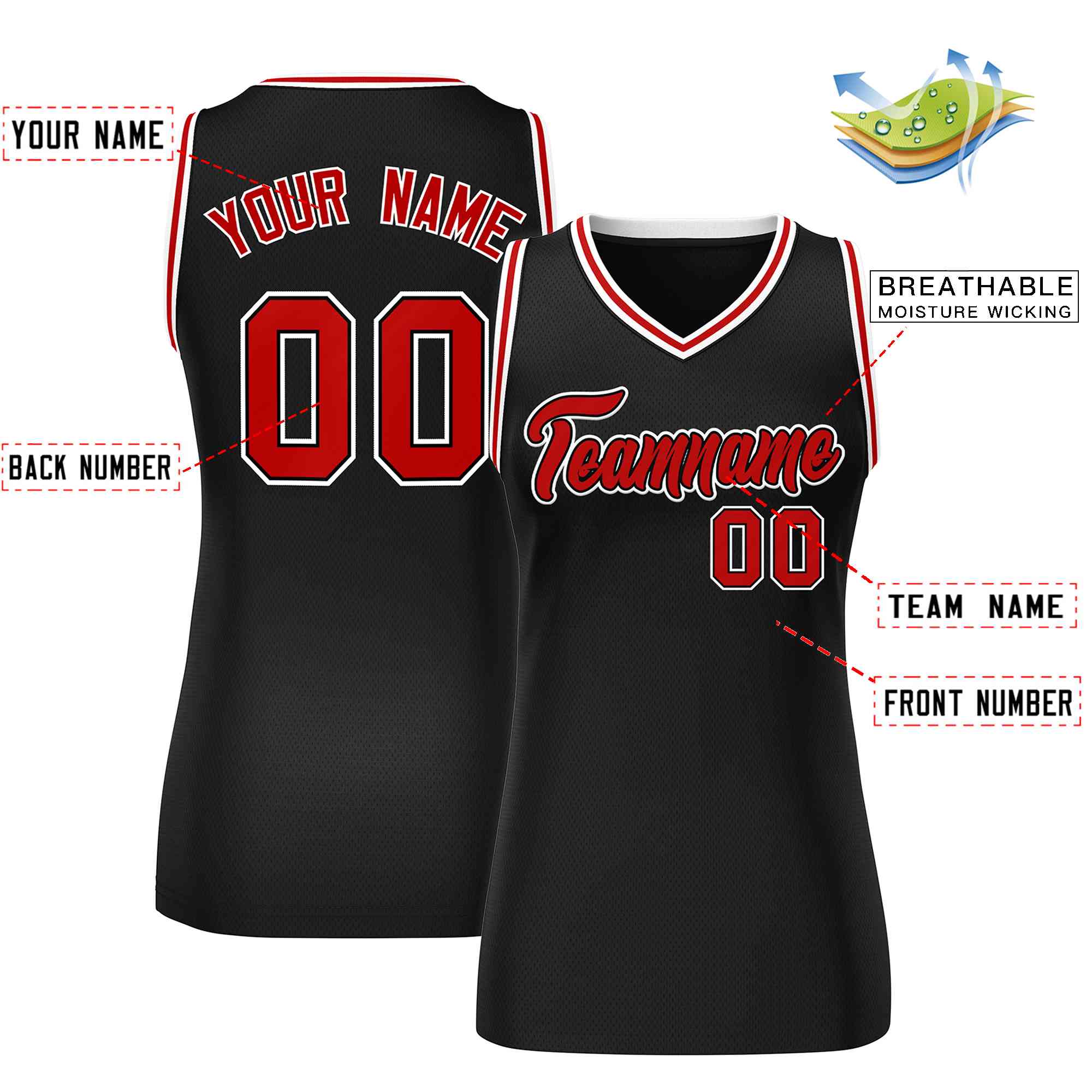 Maillot de basket-ball en maille personnalisé, noir, rouge et blanc, hauts classiques pour femmes