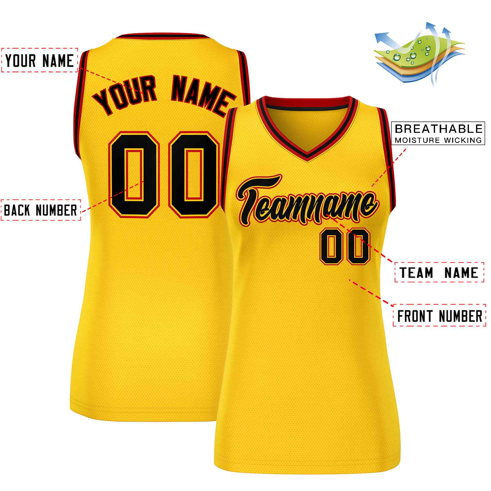 Maillot de basket-ball en maille personnalisé jaune noir-rouge, hauts classiques pour femmes