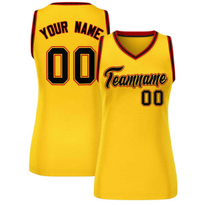 Maillot de basket-ball en maille personnalisé jaune noir-rouge, hauts classiques pour femmes