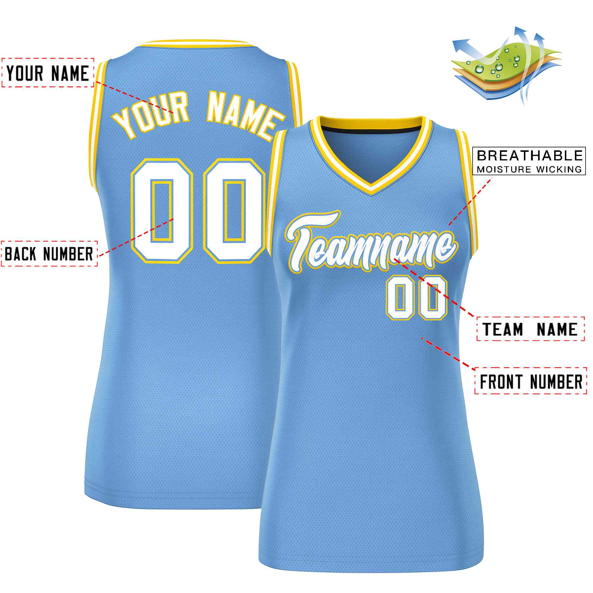 Custom Light Blue White-Gold Classic Tops Mesh Basketball Jersey for Women