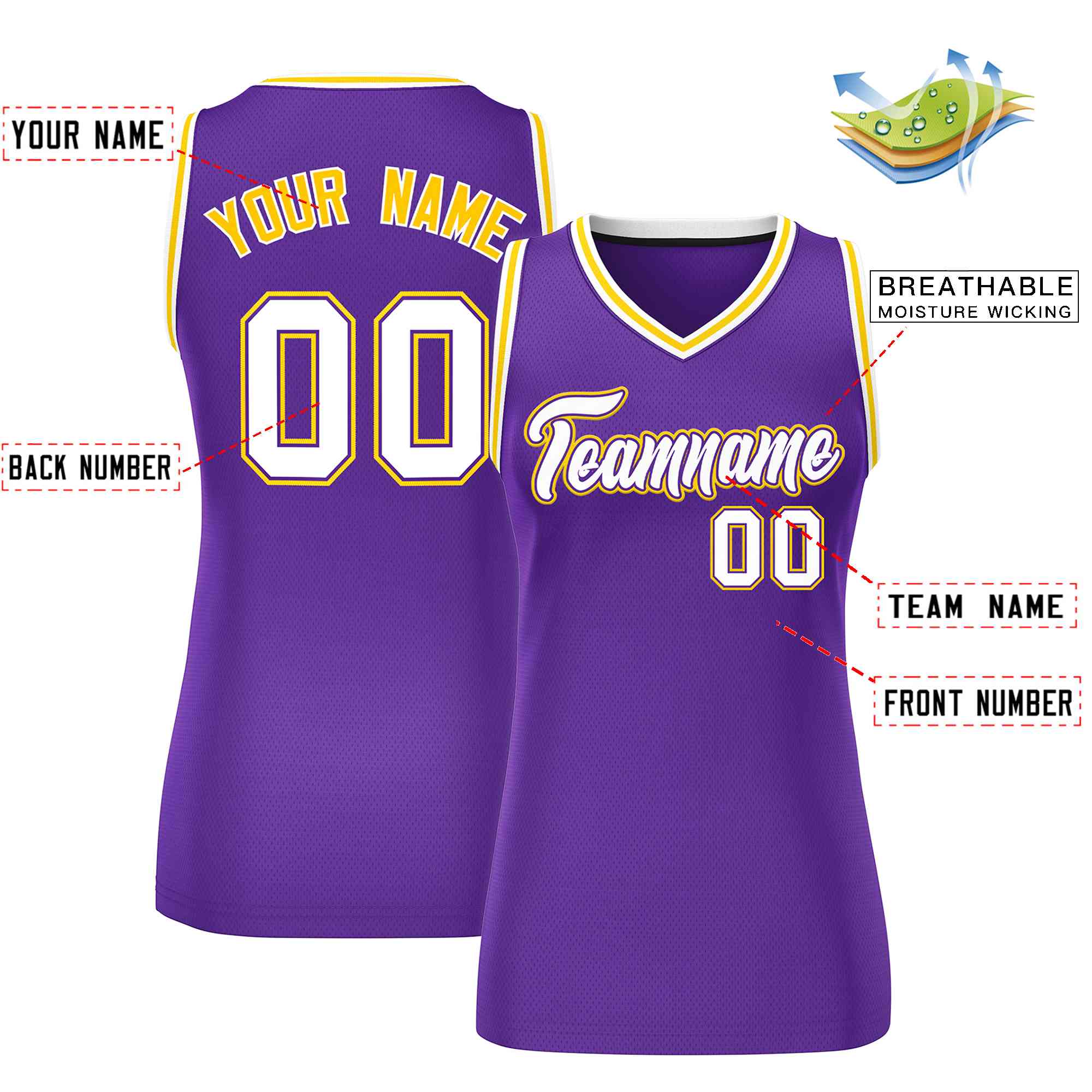 Maillot de basket-ball en maille personnalisé violet blanc-or, hauts classiques pour femmes