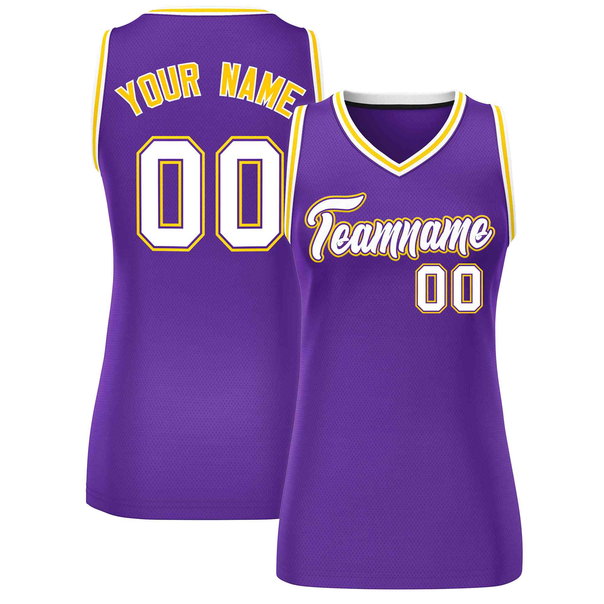 Maillot de basket-ball en maille personnalisé violet blanc-or, hauts classiques pour femmes