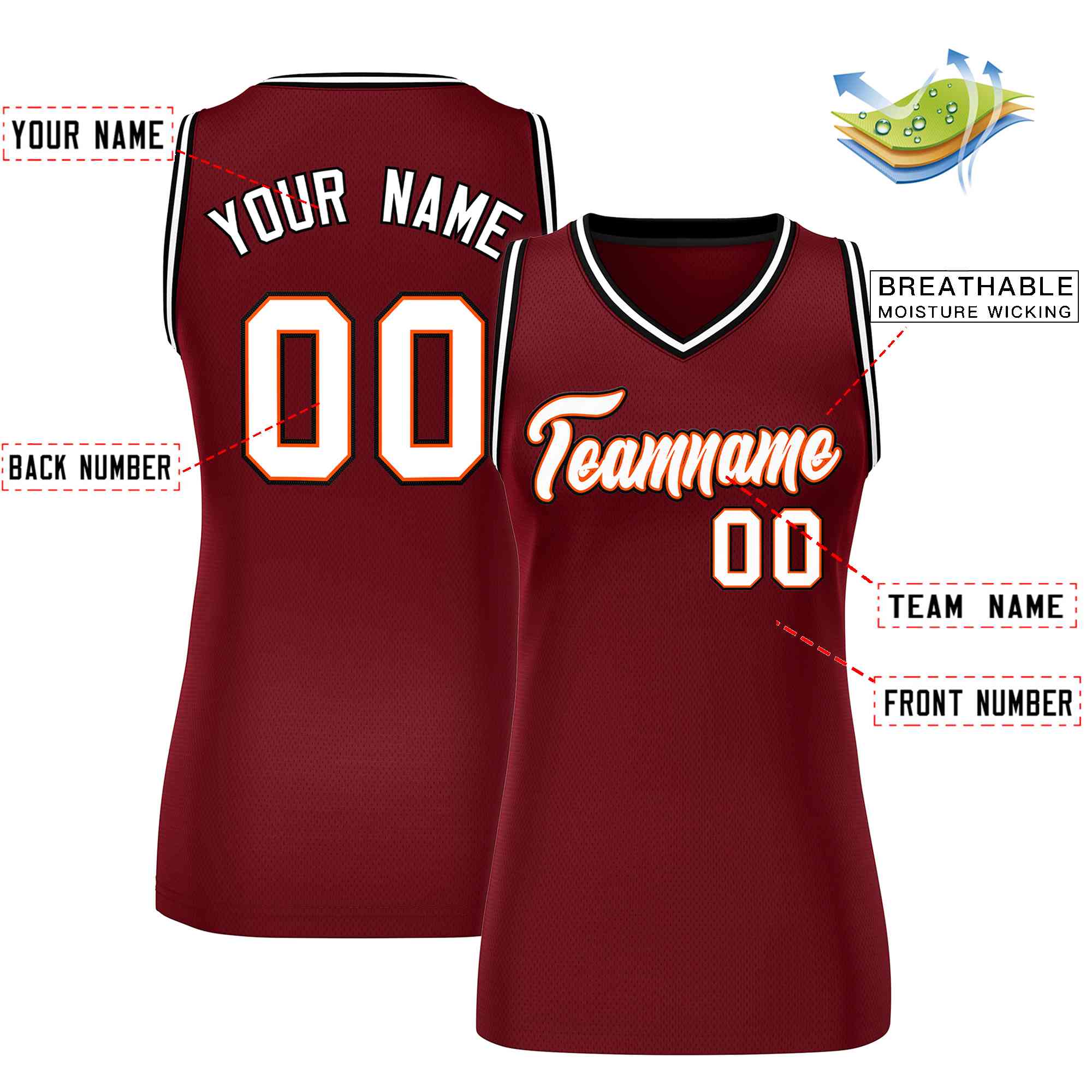 Maillot de basket-ball en maille personnalisé pour femmes, haut classique marron blanc-noir