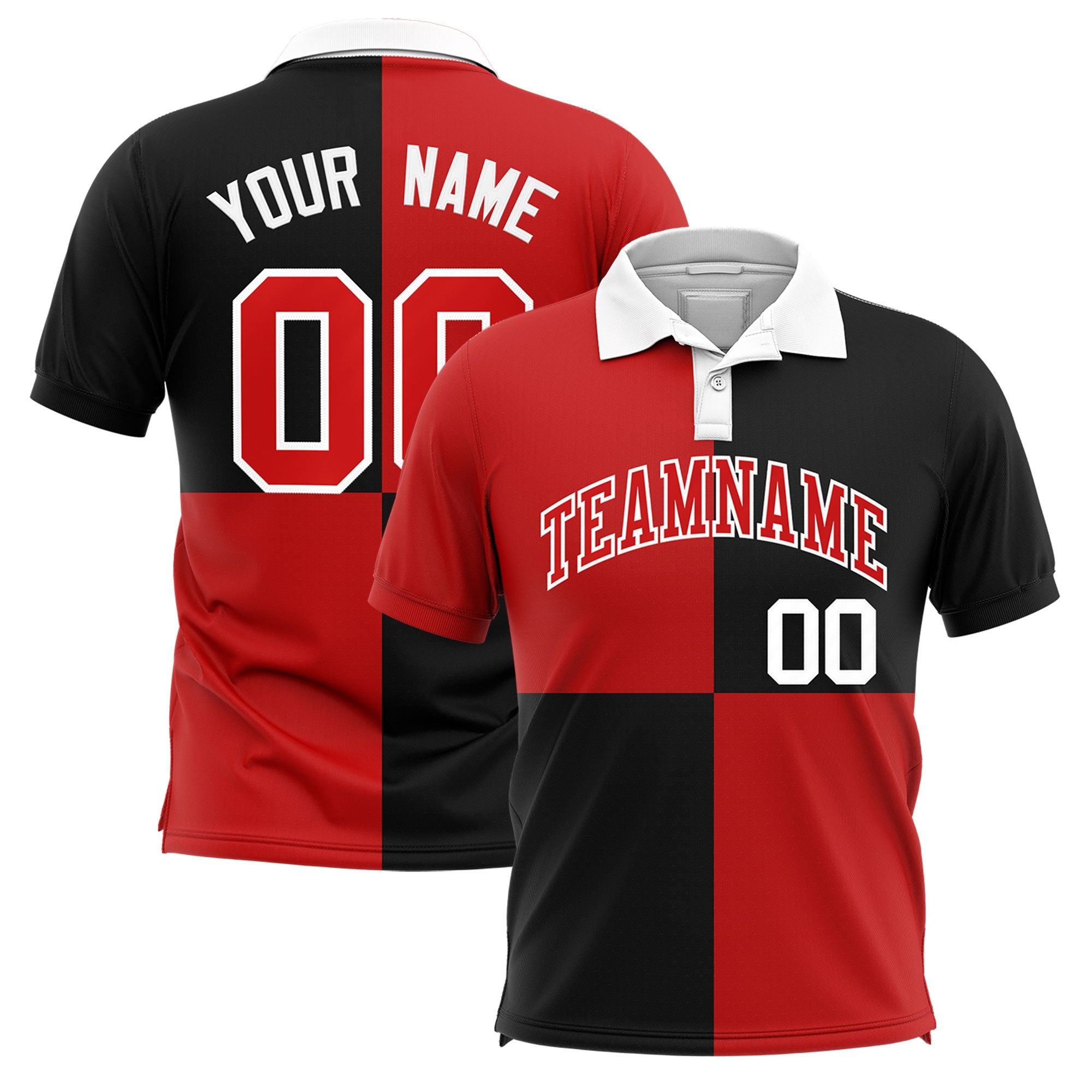 Custom Red Black Four Squares Design Performance Polo Shirt