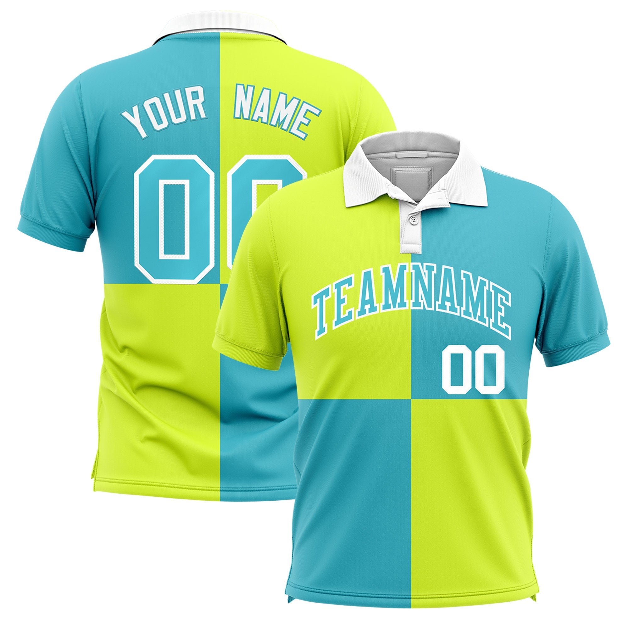 Custom Fluorescent Green Sky Blue Four Squares Design Performance Polo Shirt