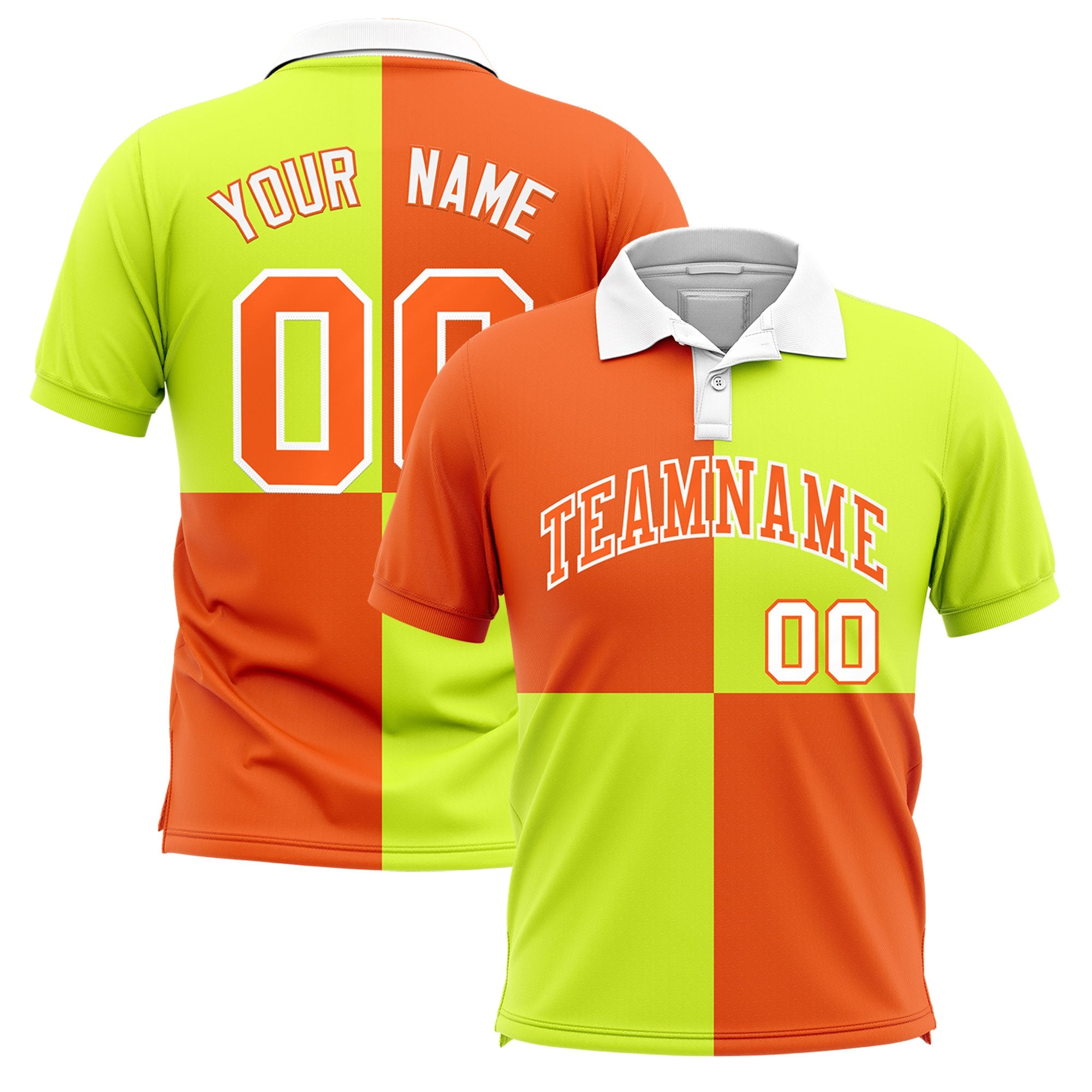 Custom Orange Fluorescent Green Four Squares Design Performance Polo Shirt