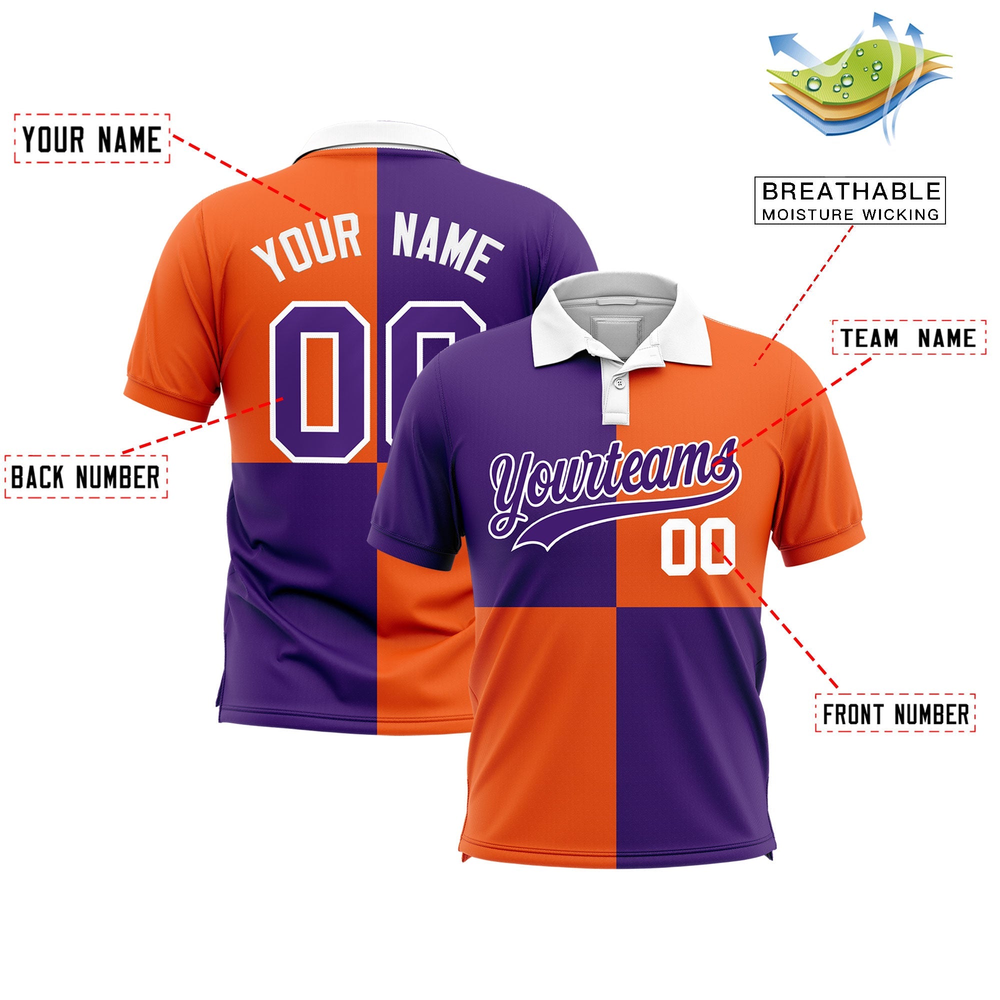 Custom Purple Orange Four Squares Design Performance Polo Shirt