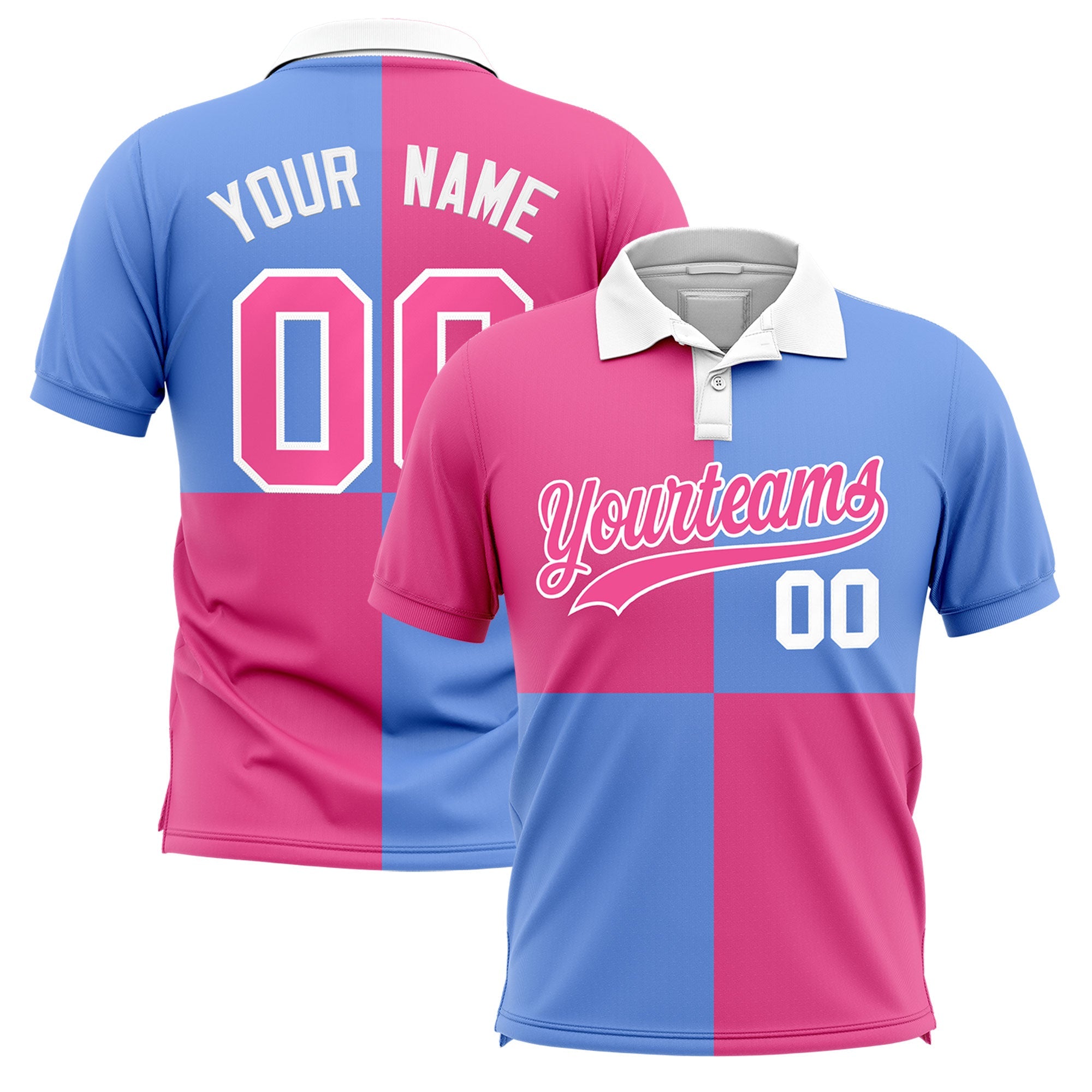 Custom Pink Light Blue Four Squares Design Performance Polo Shirt