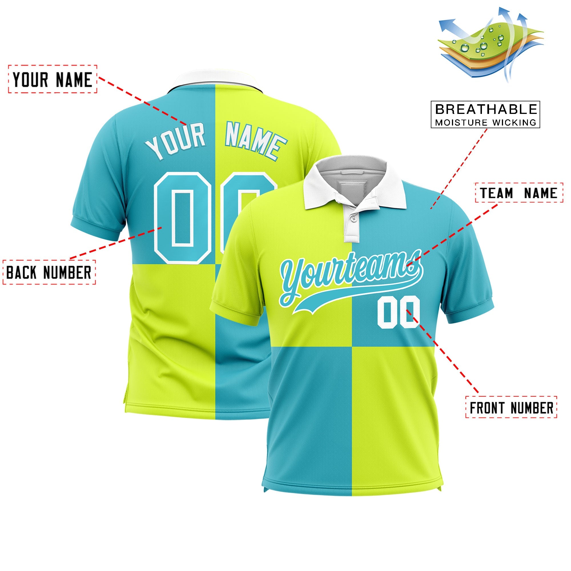 Custom Fluorescent Green Sky Blue Four Squares Design Performance Polo Shirt