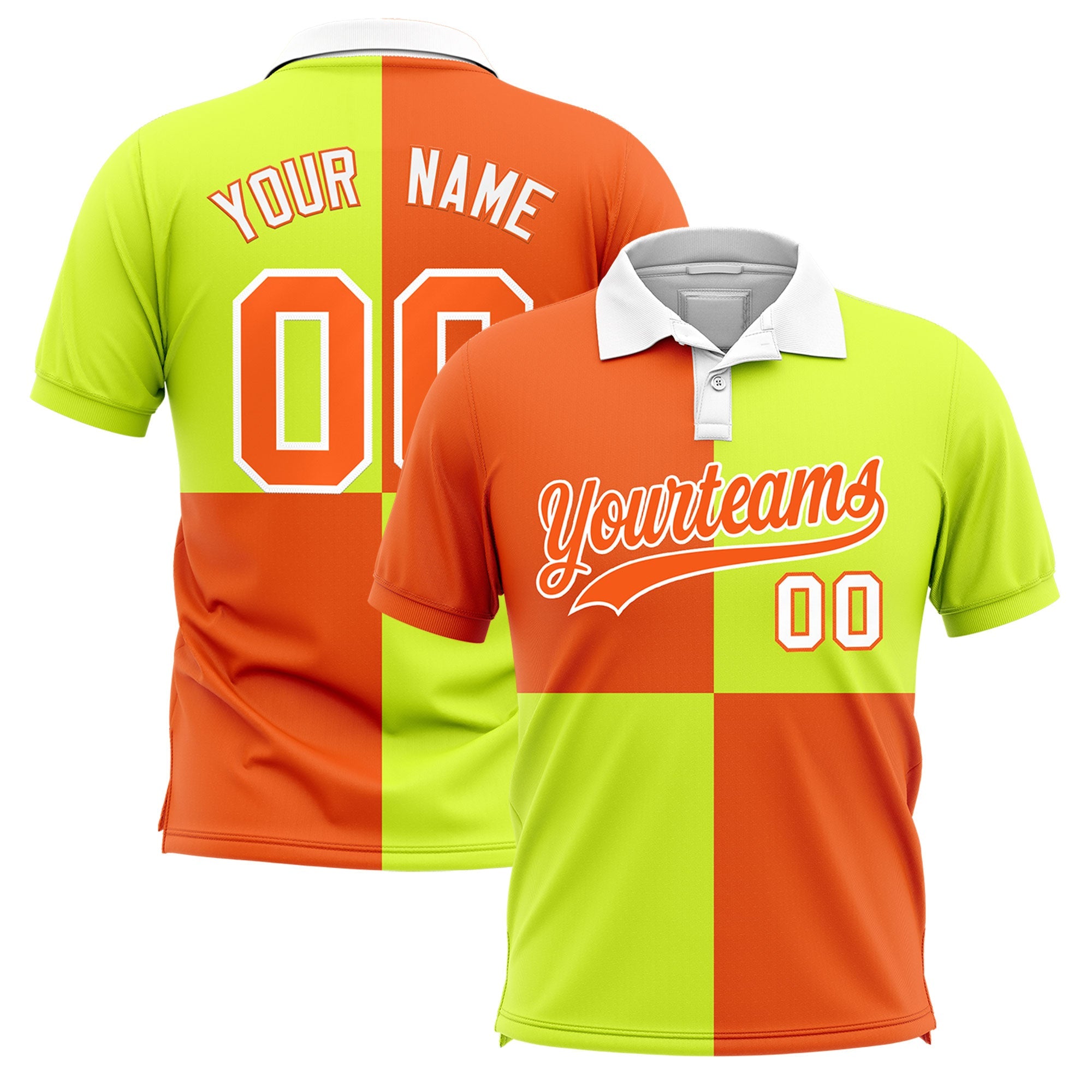 Custom Orange Fluorescent Green Four Squares Design Performance Polo Shirt