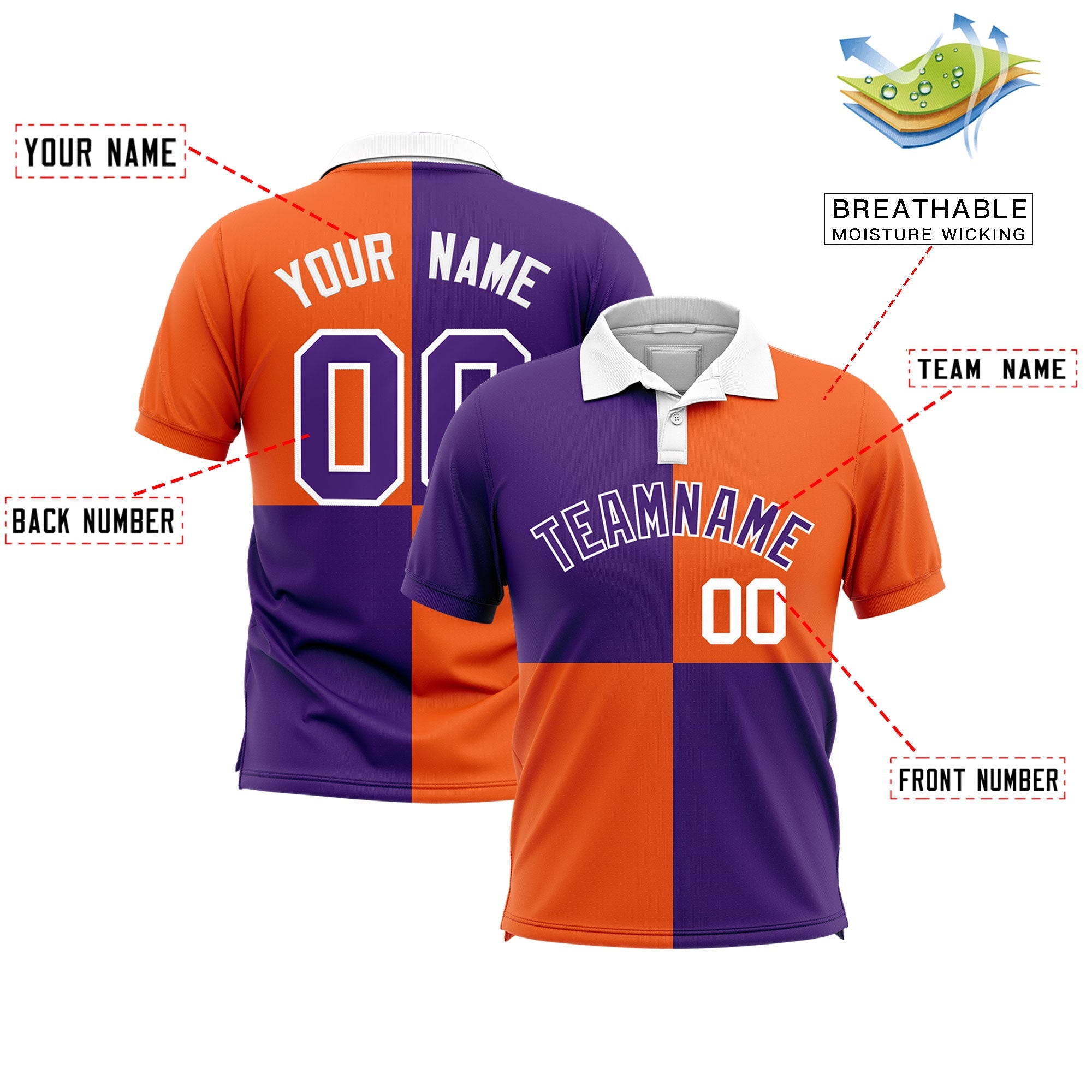 Custom Purple Orange Four Squares Design Performance Polo Shirt