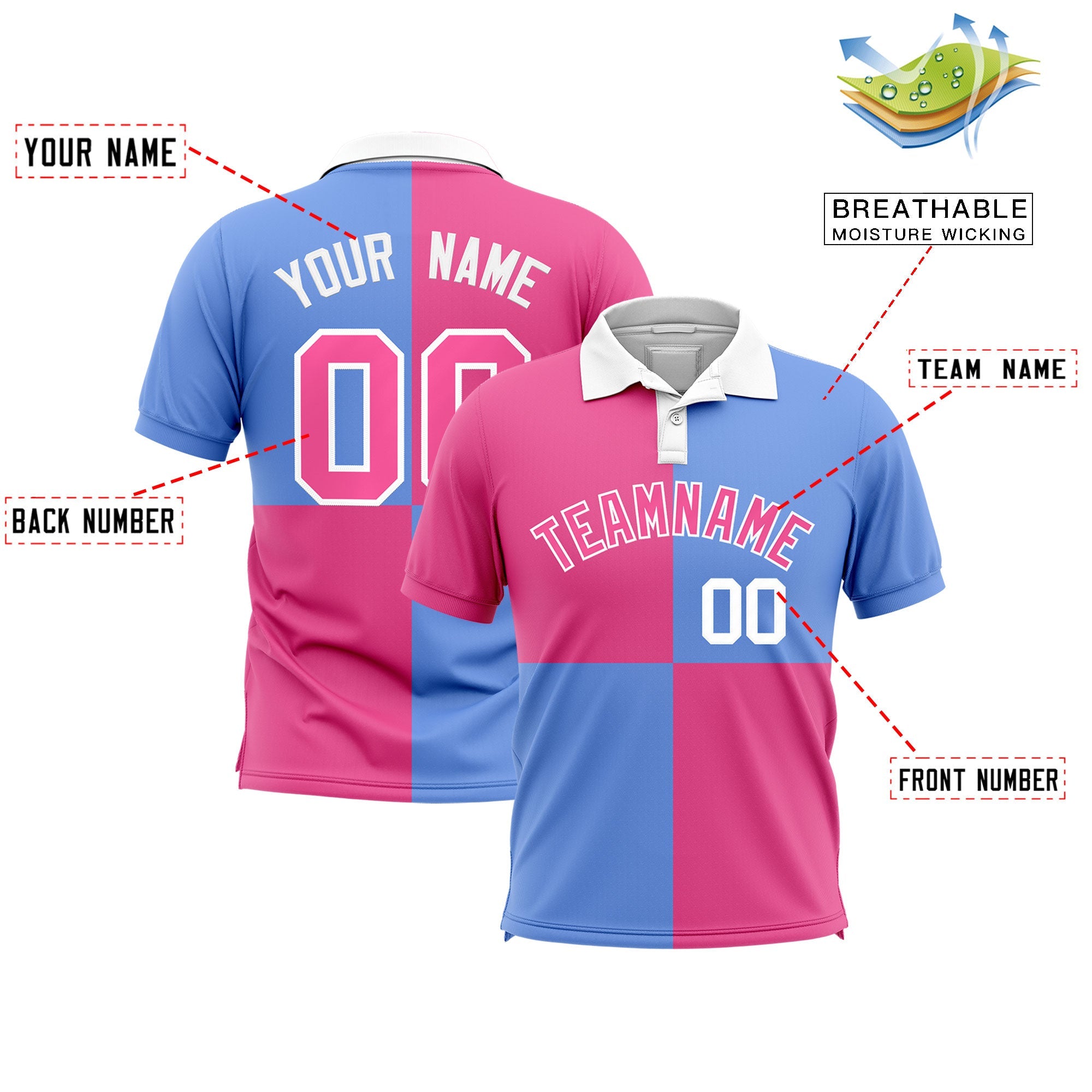 Custom Pink Light Blue Four Squares Design Performance Polo Shirt