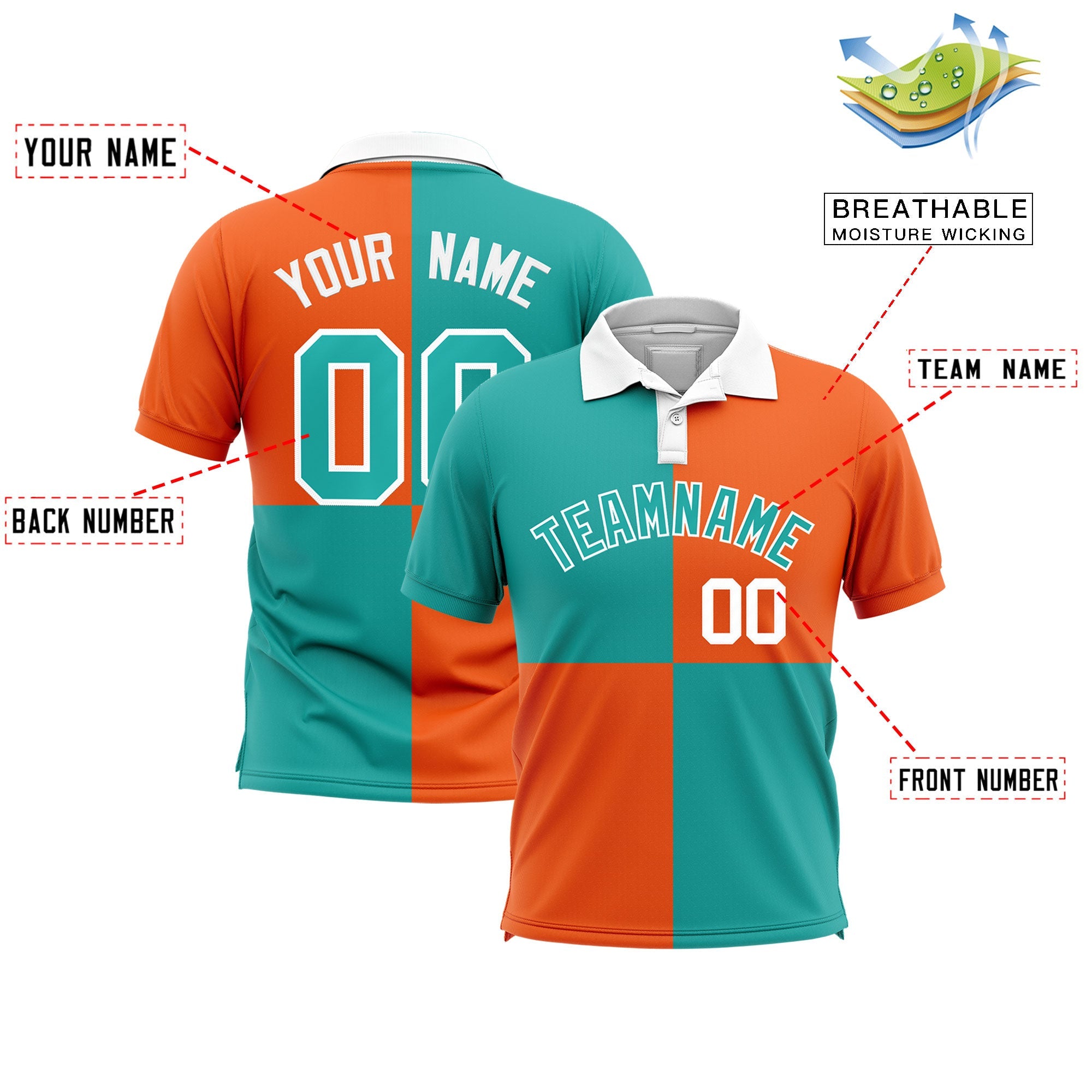 Custom Aqua Orange Four Squares Design Performance Polo Shirt