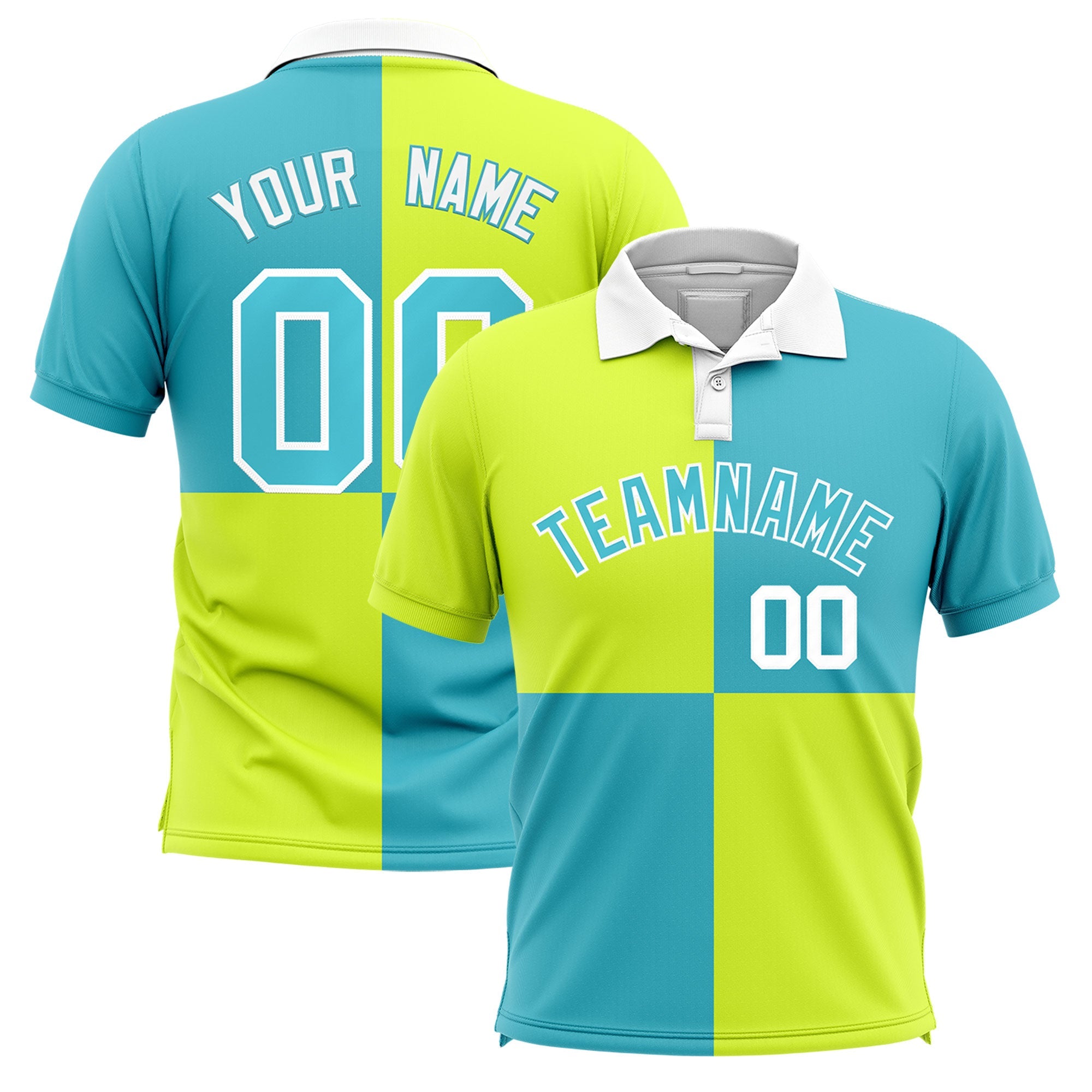 Custom Fluorescent Green Sky Blue Four Squares Design Performance Polo Shirt