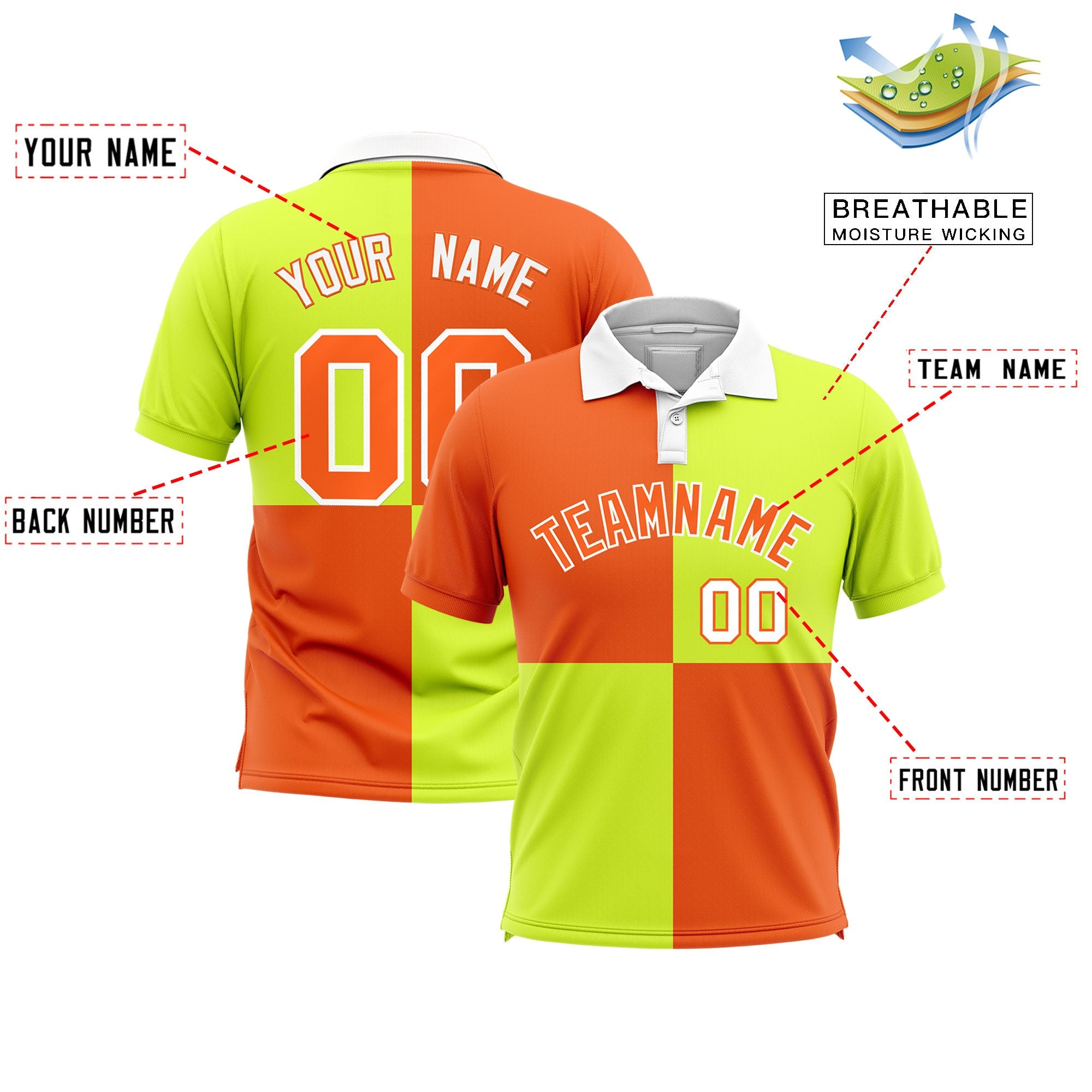 Custom Orange Fluorescent Green Four Squares Design Performance Polo Shirt