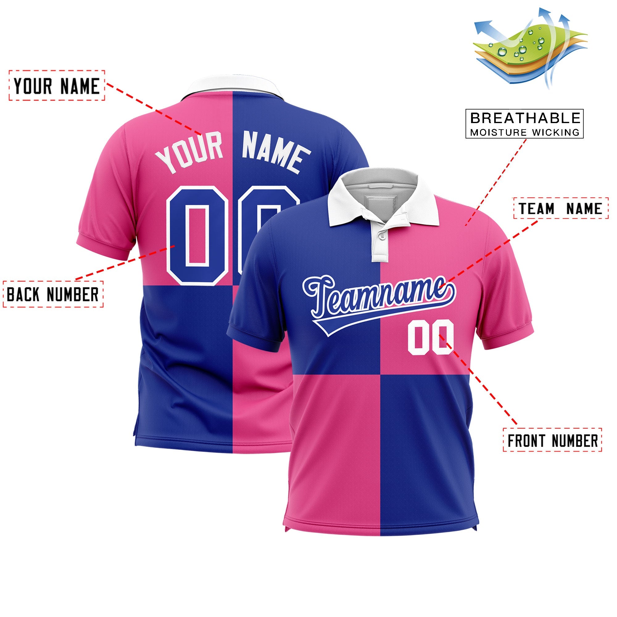 Custom Royal Pink Four Squares Design Performance Polo Shirt