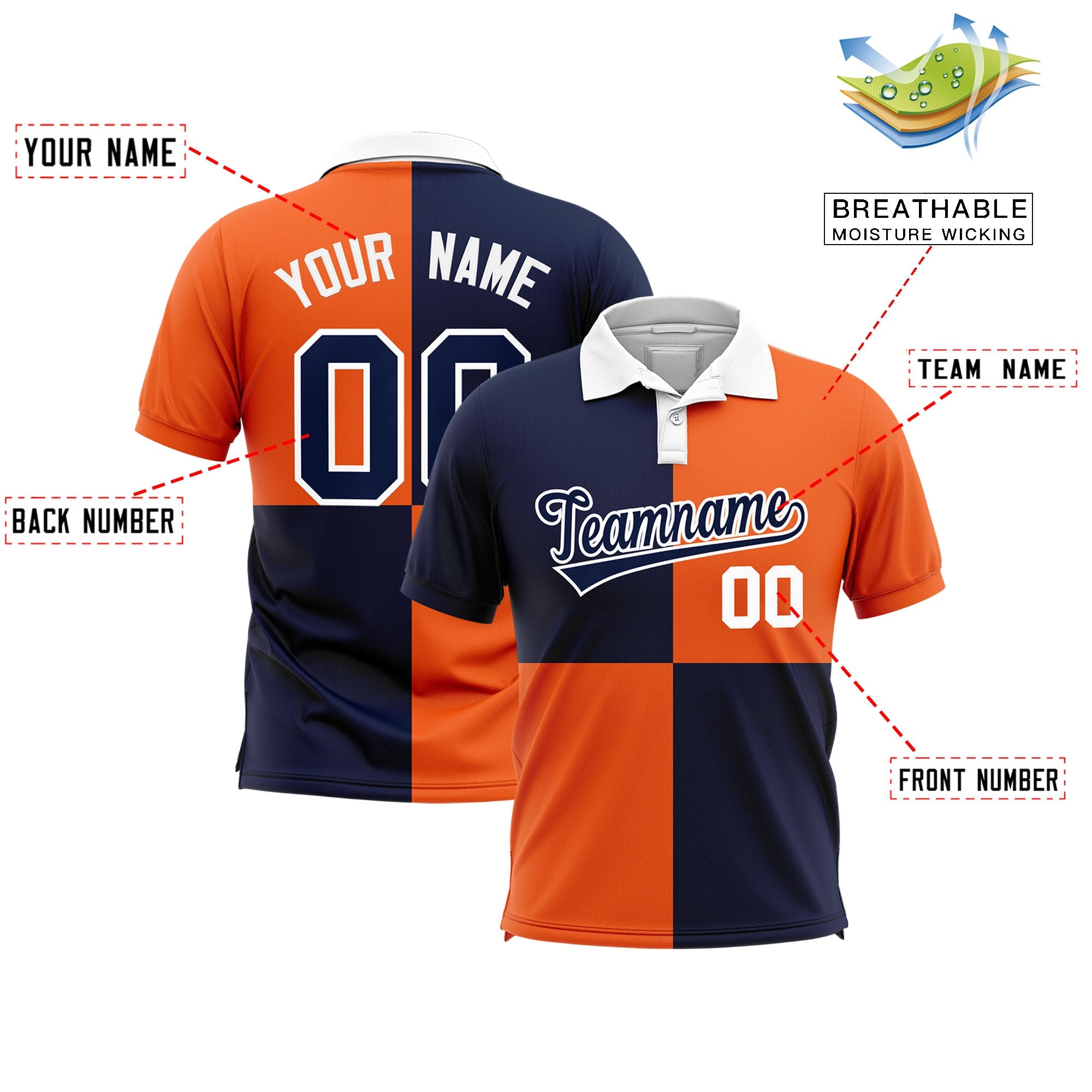 Custom Navy Orange Four Squares Design Performance Polo Shirt