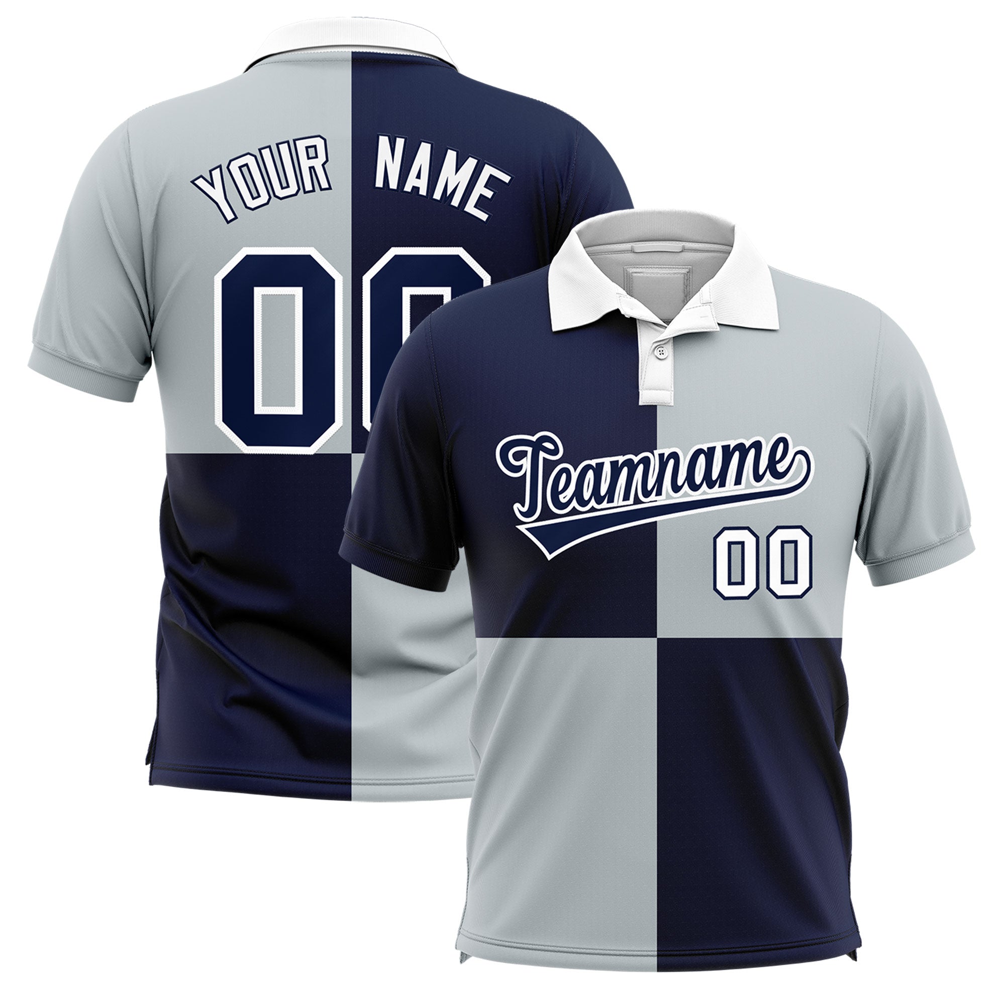 Custom Navy Silver Four Squares Design Performance Polo Shirt