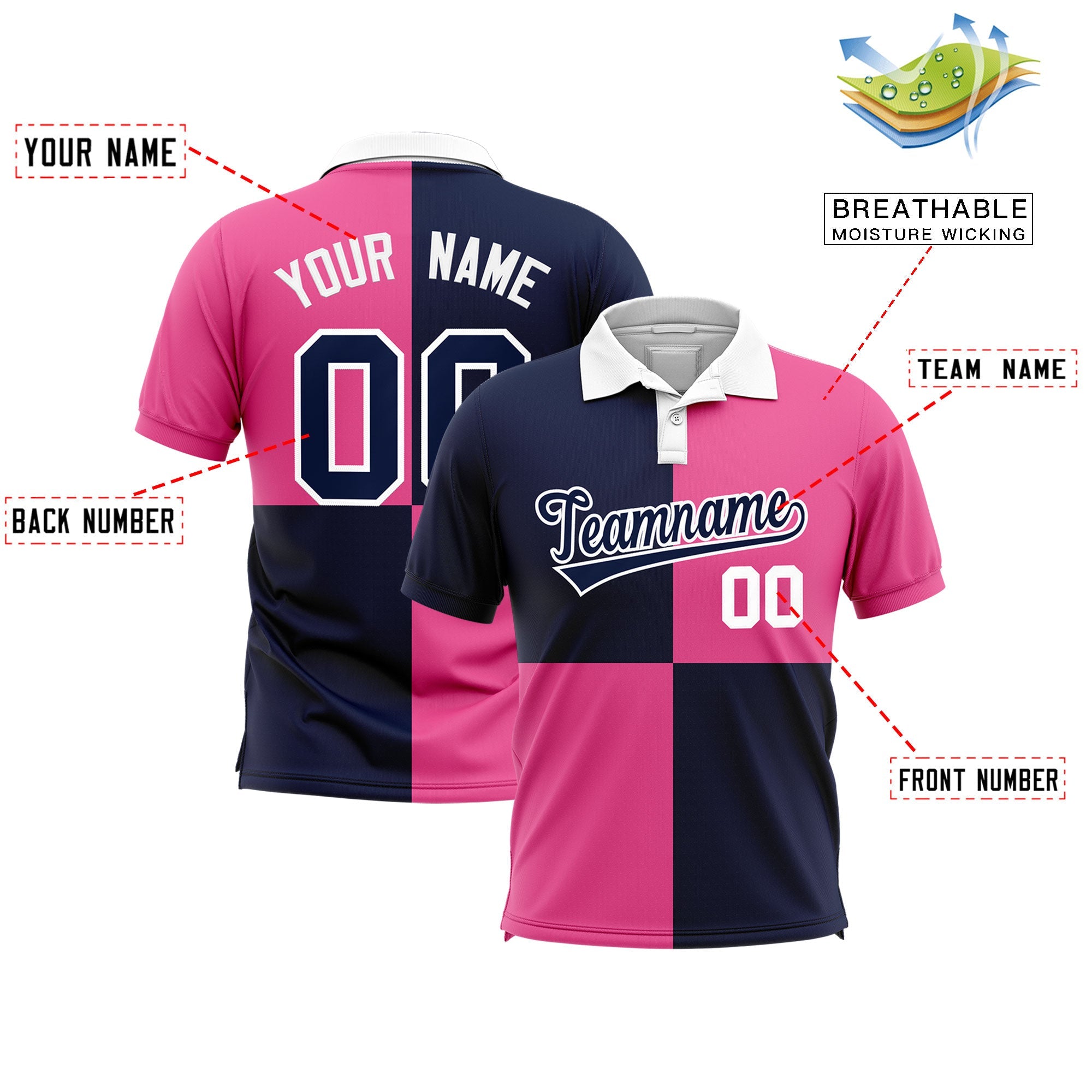 Custom Navy Pink Four Squares Design Performance Polo Shirt