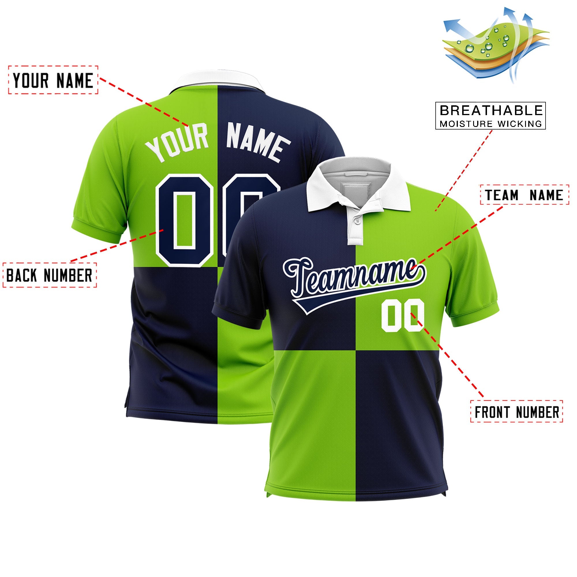 Custom Navy Neon Green Four Squares Design Performance Polo Shirt