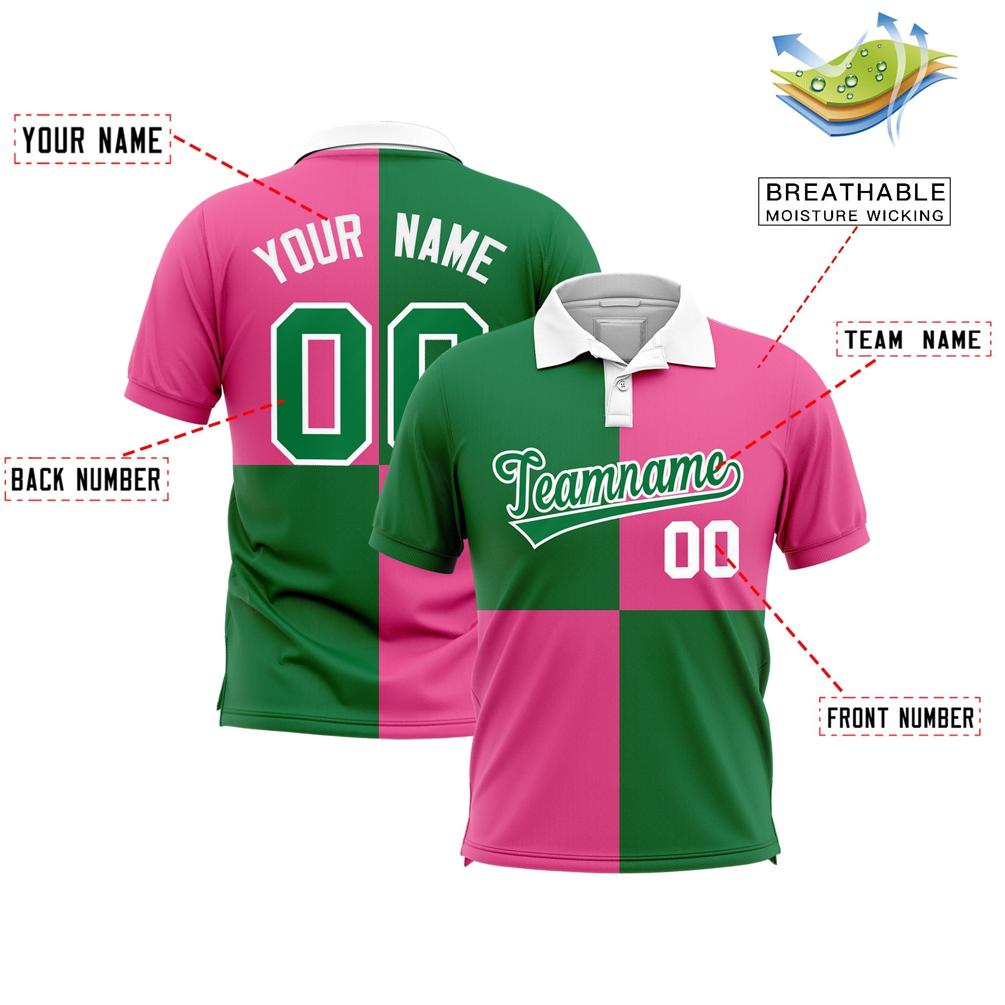 Custom Kelly Green Pink Four Squares Design Performance Polo Shirt