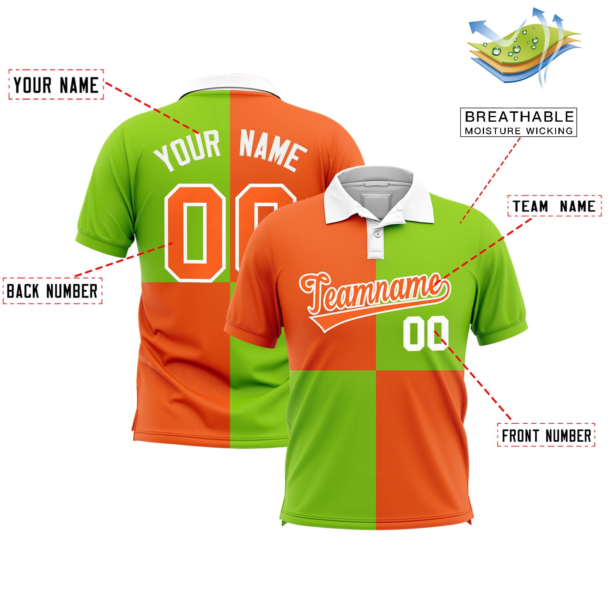 Custom Orange Neon Green Four Squares Design Performance Polo Shirt