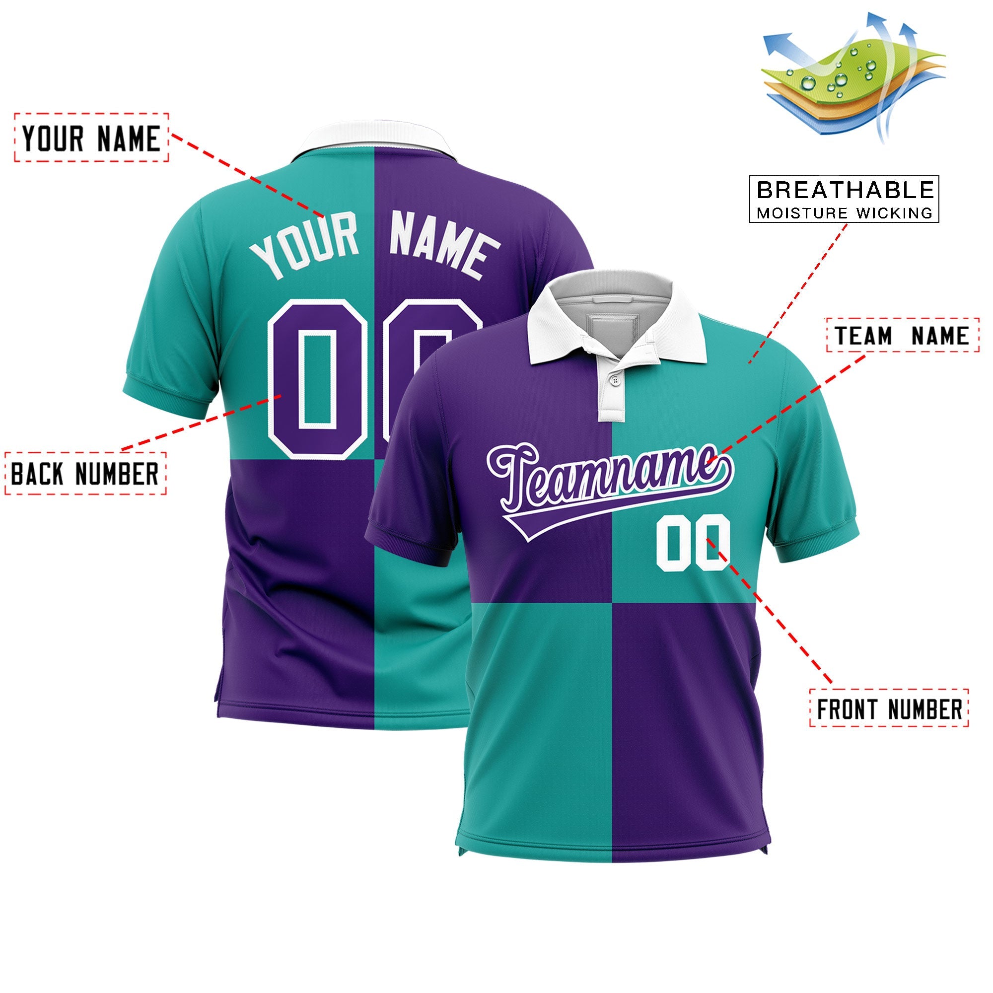 Custom Purple Aqua Four Squares Design Performance Polo Shirt