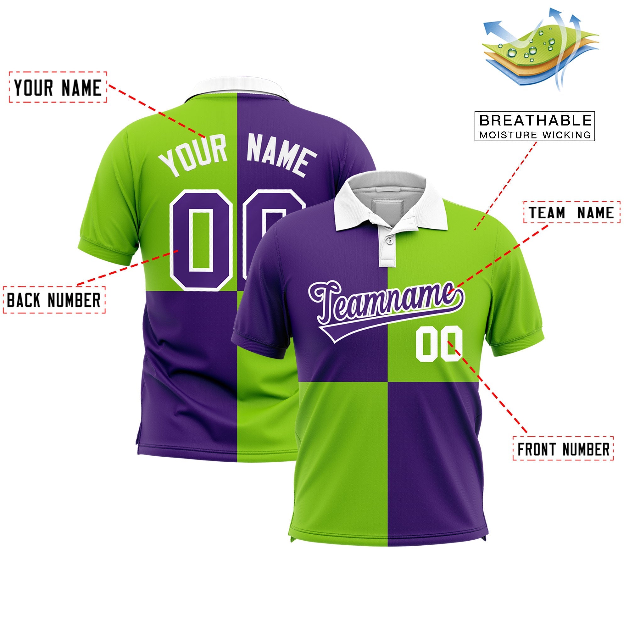 Custom Purple Neon Green Four Squares Design Performance Polo Shirt