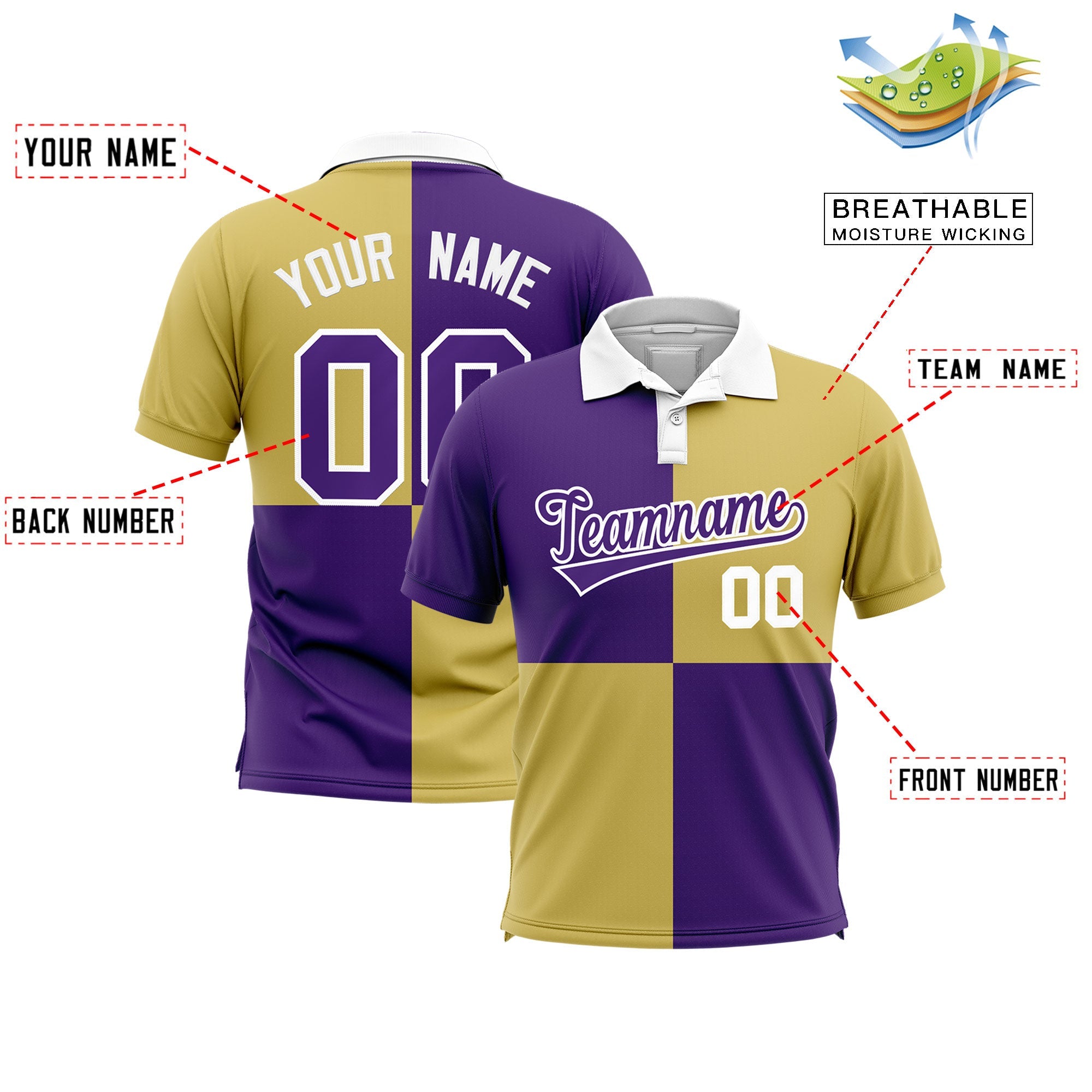 Custom Purple Old Gold Four Squares Design Performance Polo Shirt