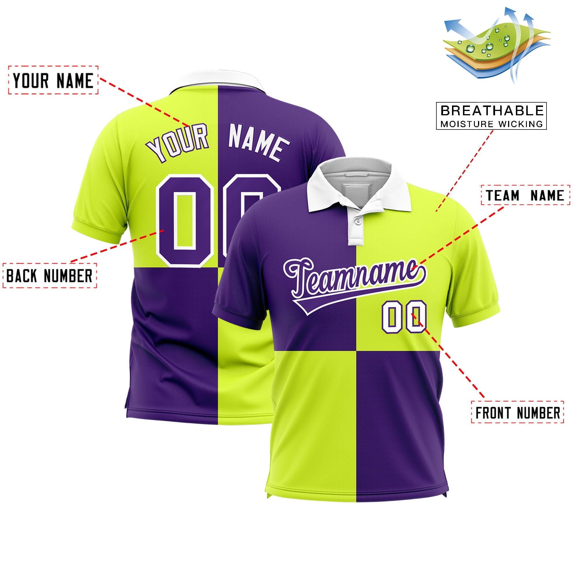 Custom Purple Fluorescent Green Four Squares Design Performance Polo Shirt