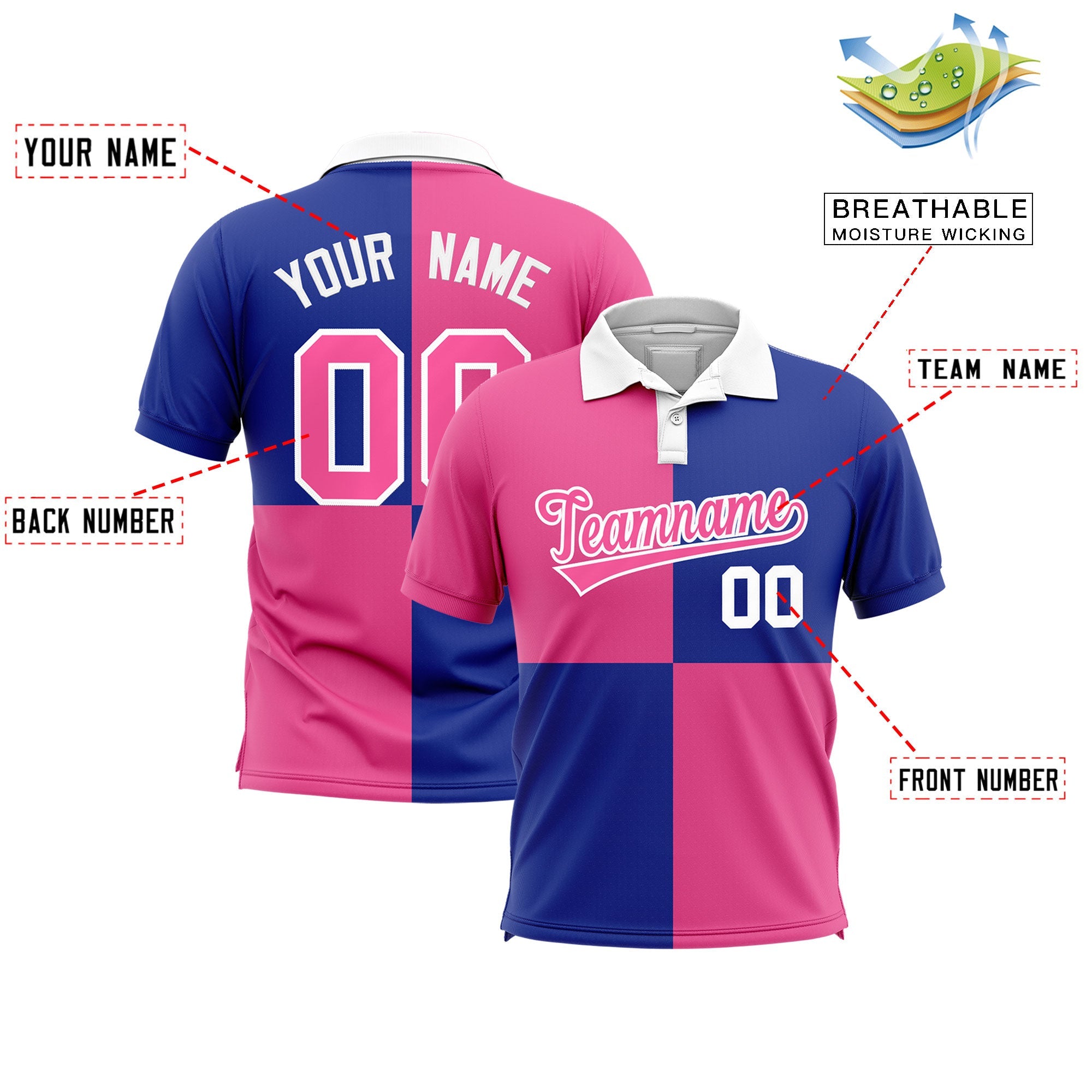 Custom Pink Royal Four Squares Design Performance Polo Shirt