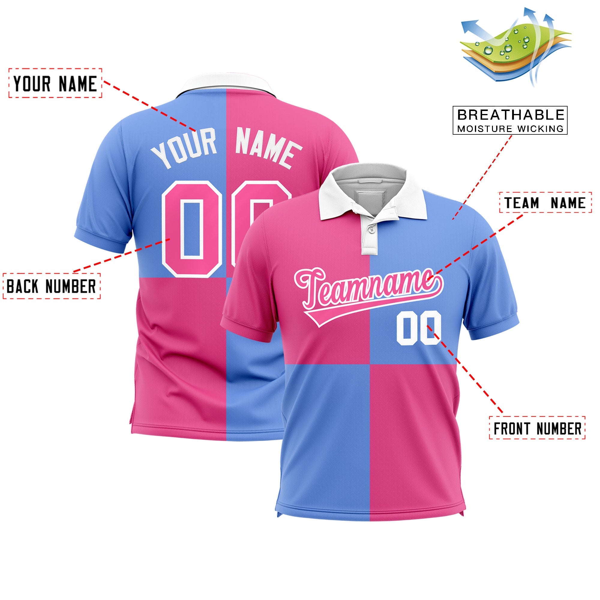 Custom Pink Light Blue Four Squares Design Performance Polo Shirt