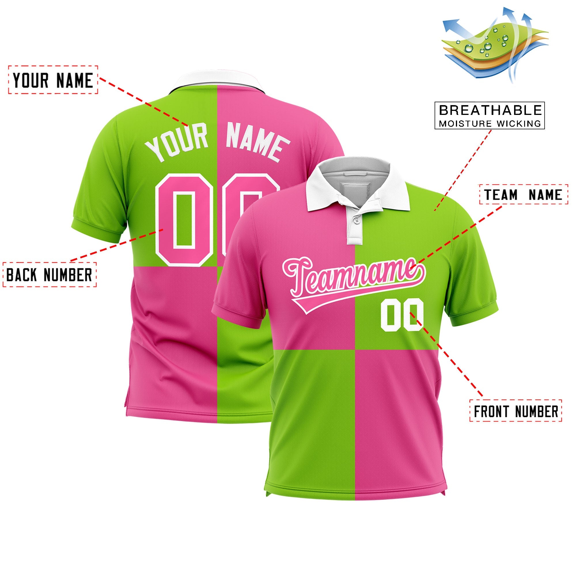 Custom Pink Neon Green Four Squares Design Performance Polo Shirt