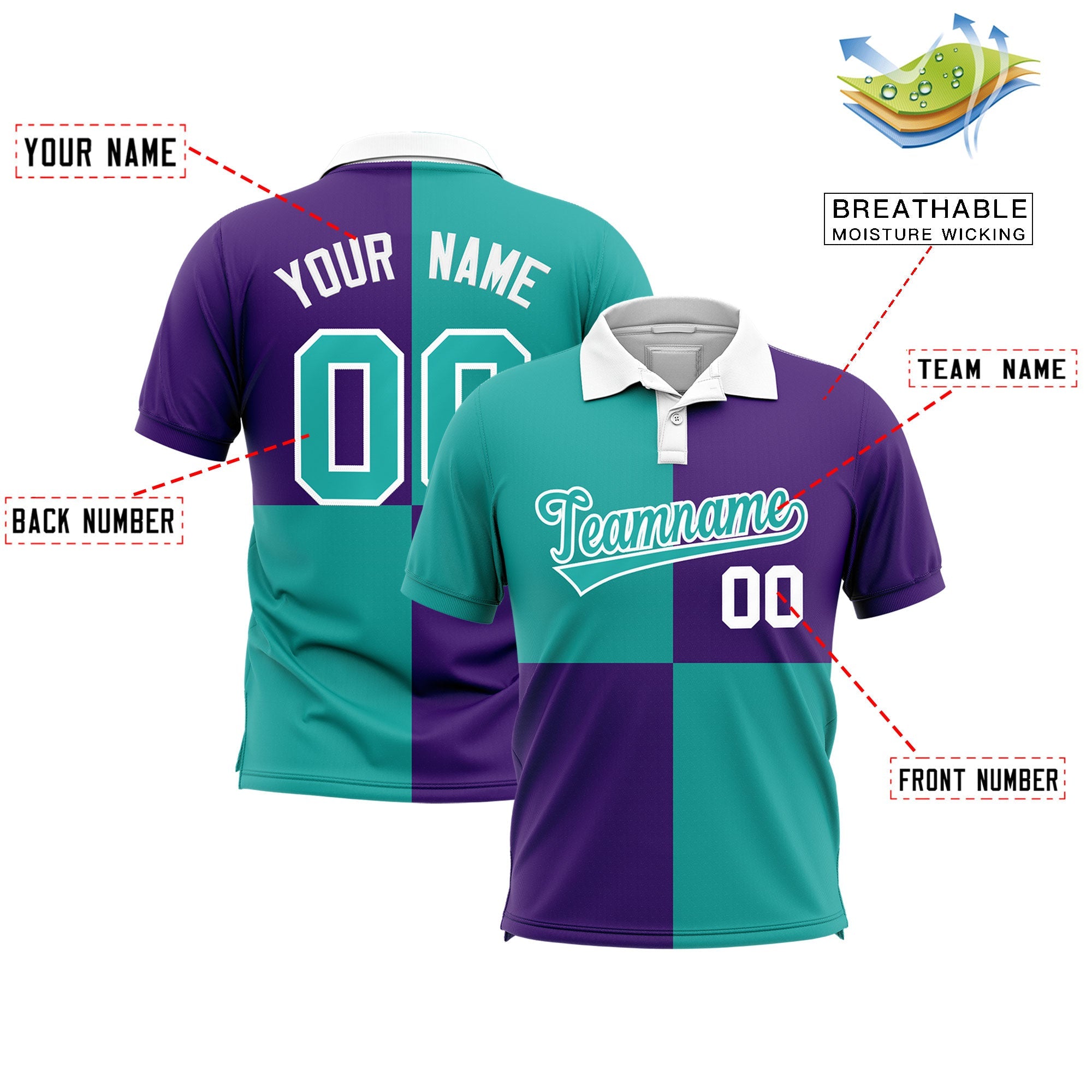 Custom Aqua Purple Four Squares Design Performance Polo Shirt