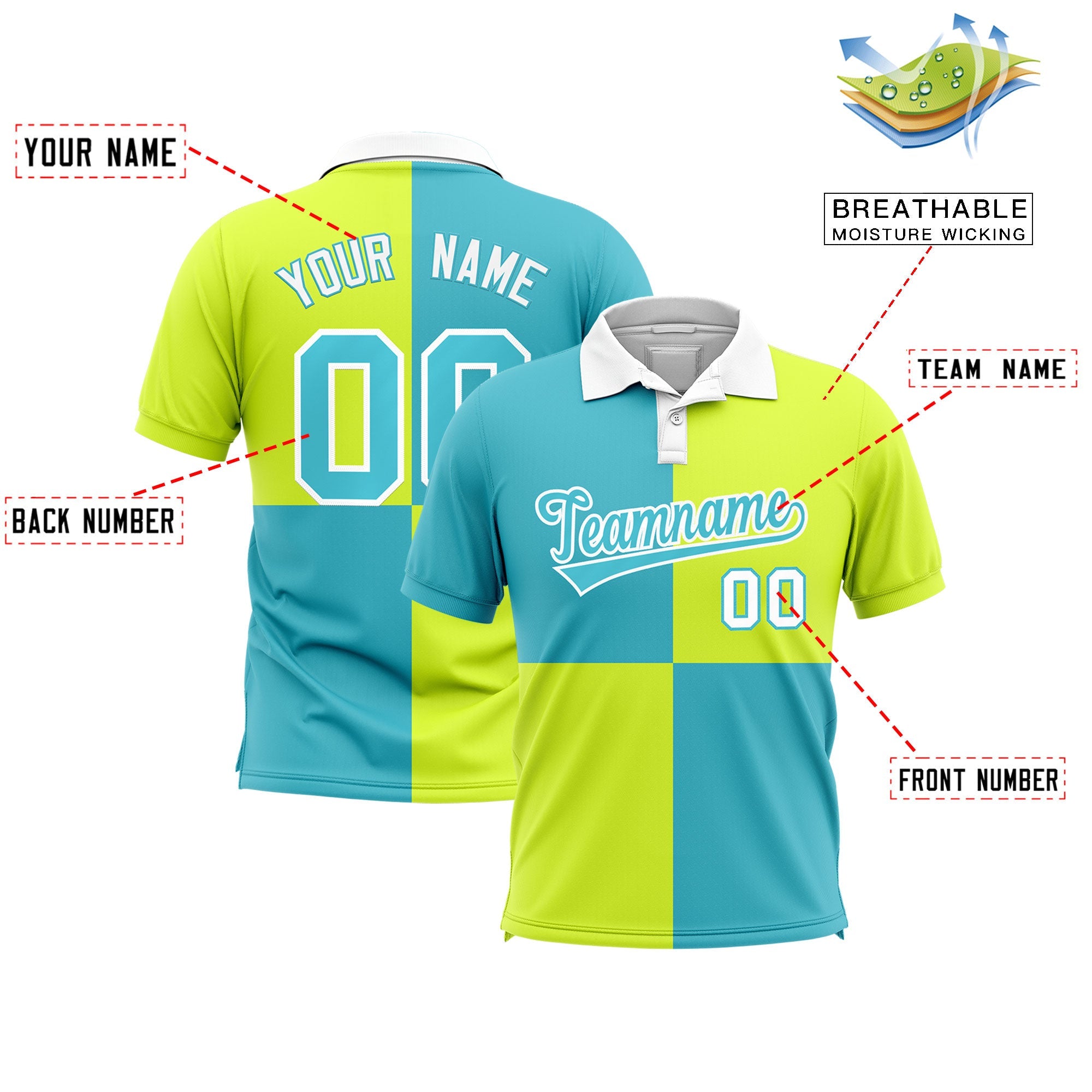 Custom Sky Blue Fluorescent Green Four Squares Design Performance Polo Shirt