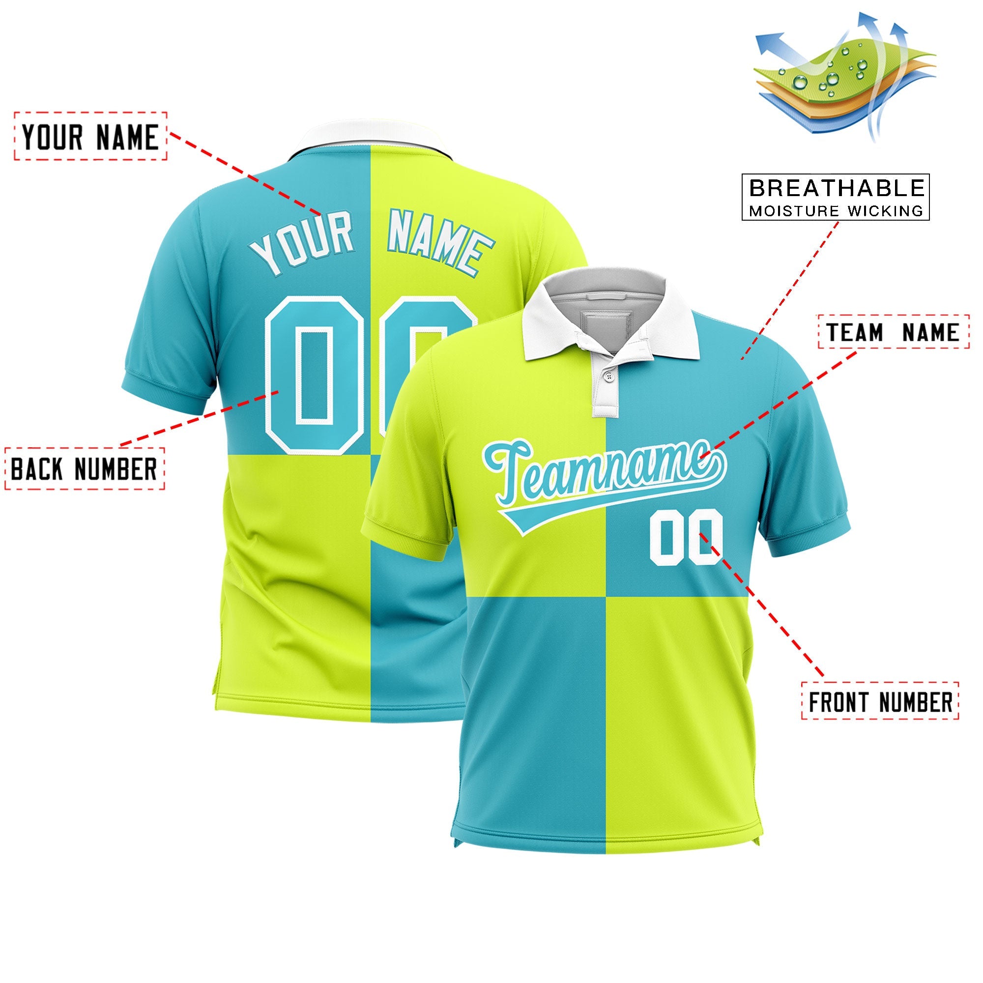 Custom Fluorescent Green Sky Blue Four Squares Design Performance Polo Shirt