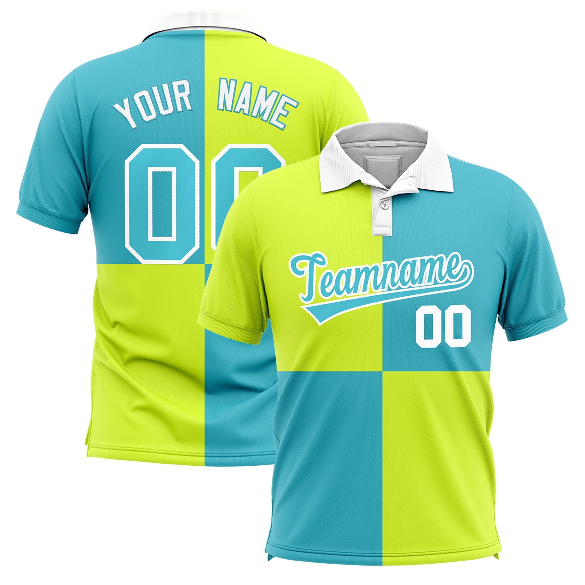 Custom Fluorescent Green Sky Blue Four Squares Design Performance Polo Shirt