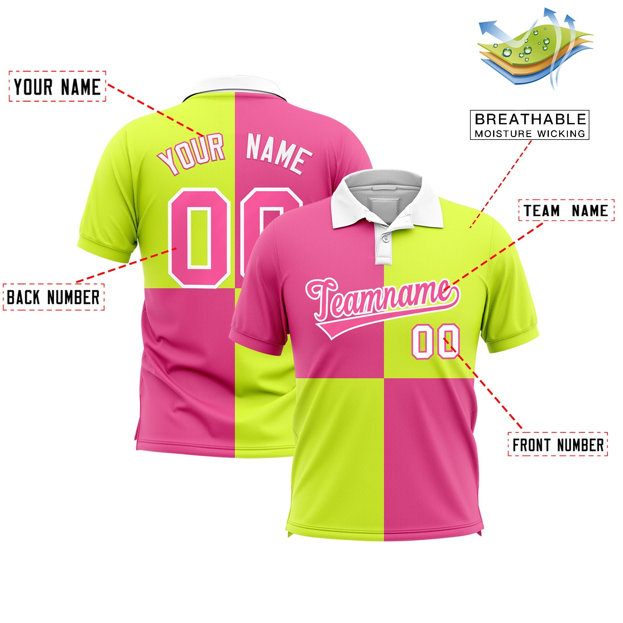 Custom Pink Fluorescent Green Four Squares Design Performance Polo Shirt