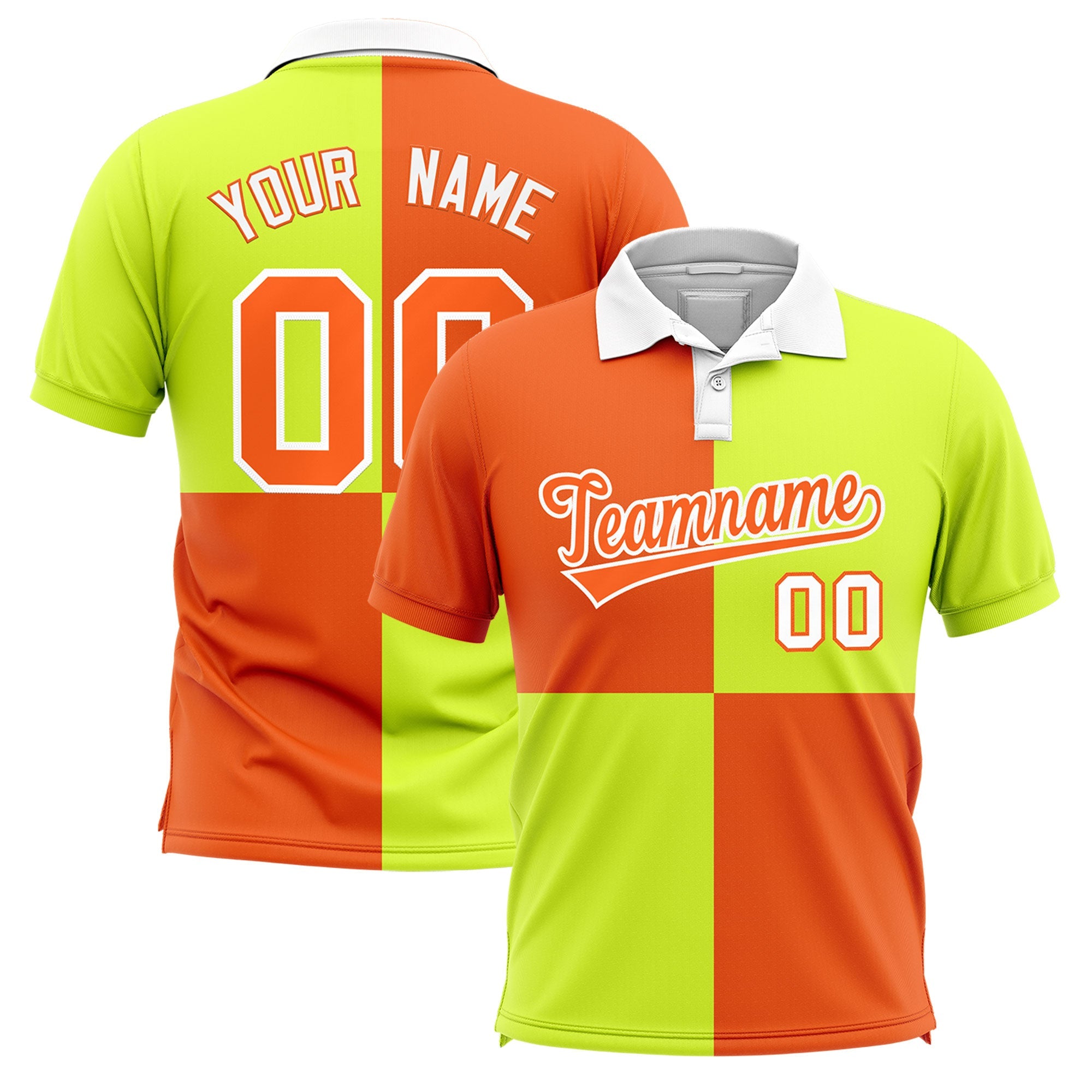 Custom Orange Fluorescent Green Four Squares Design Performance Polo Shirt